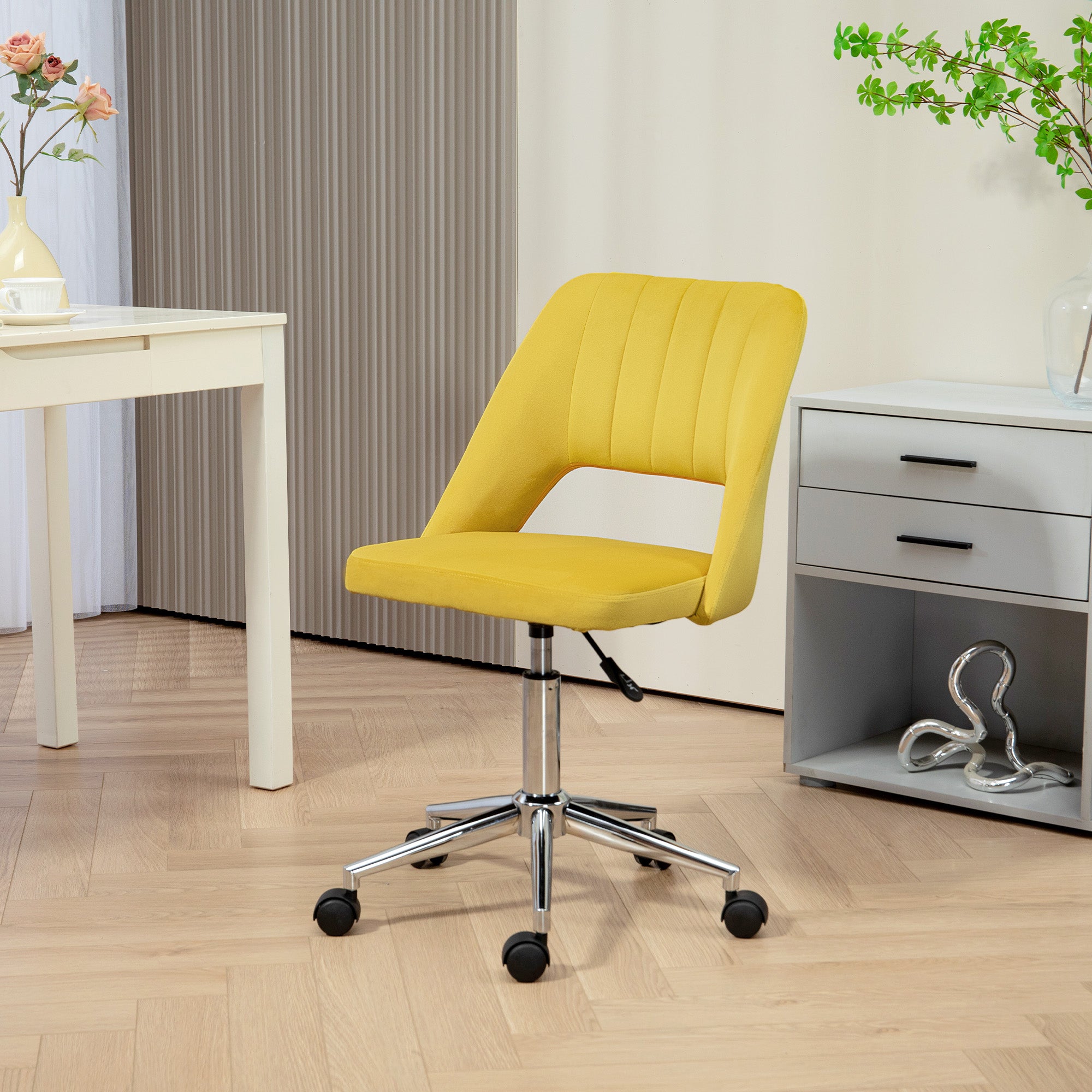 Mid-Back Velvet Office Chair - Scallop Swivel Chair, Yellow-Office Products > Office Furniture > Office Chairs-DECOROLALA