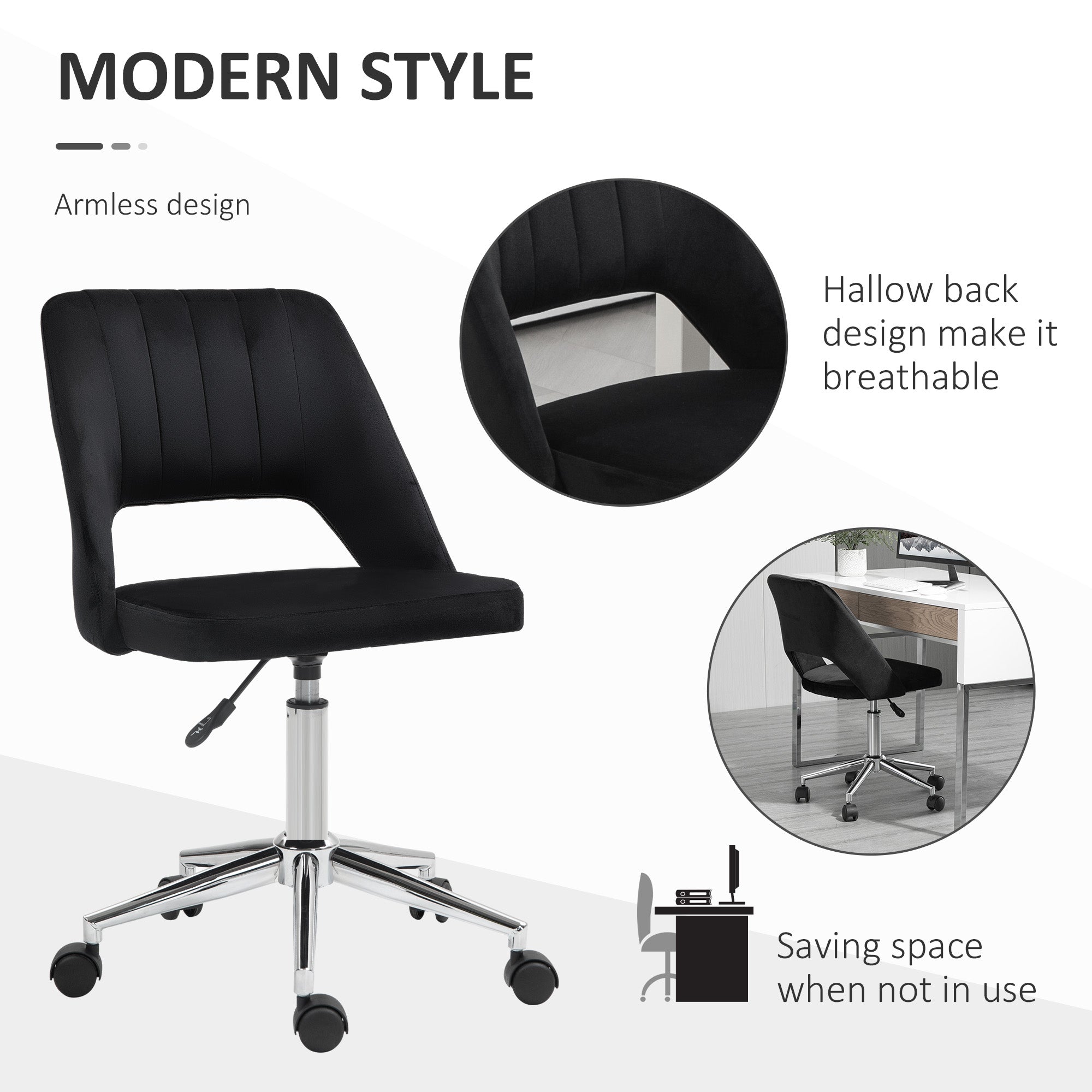 Mid-Back Velvet Office Chair - Scallop Swivel Desk Chair, Black-Office Products > Office Furniture > Office Chairs-DECOROLALA