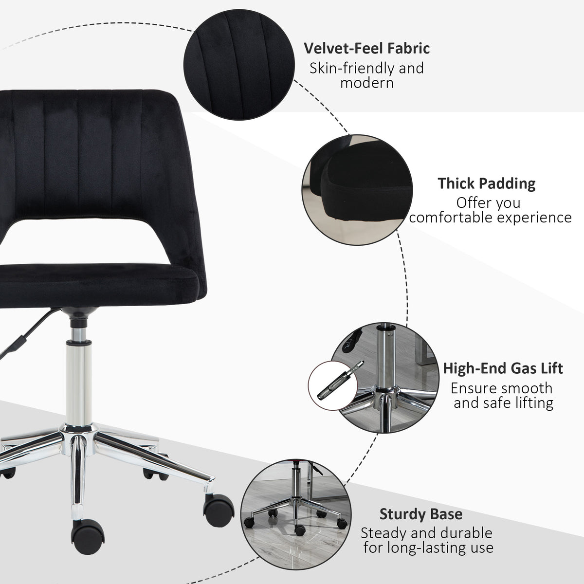 Mid-Back Velvet Office Chair - Scallop Swivel Desk Chair, Black-Office Products > Office Furniture > Office Chairs-DECOROLALA
