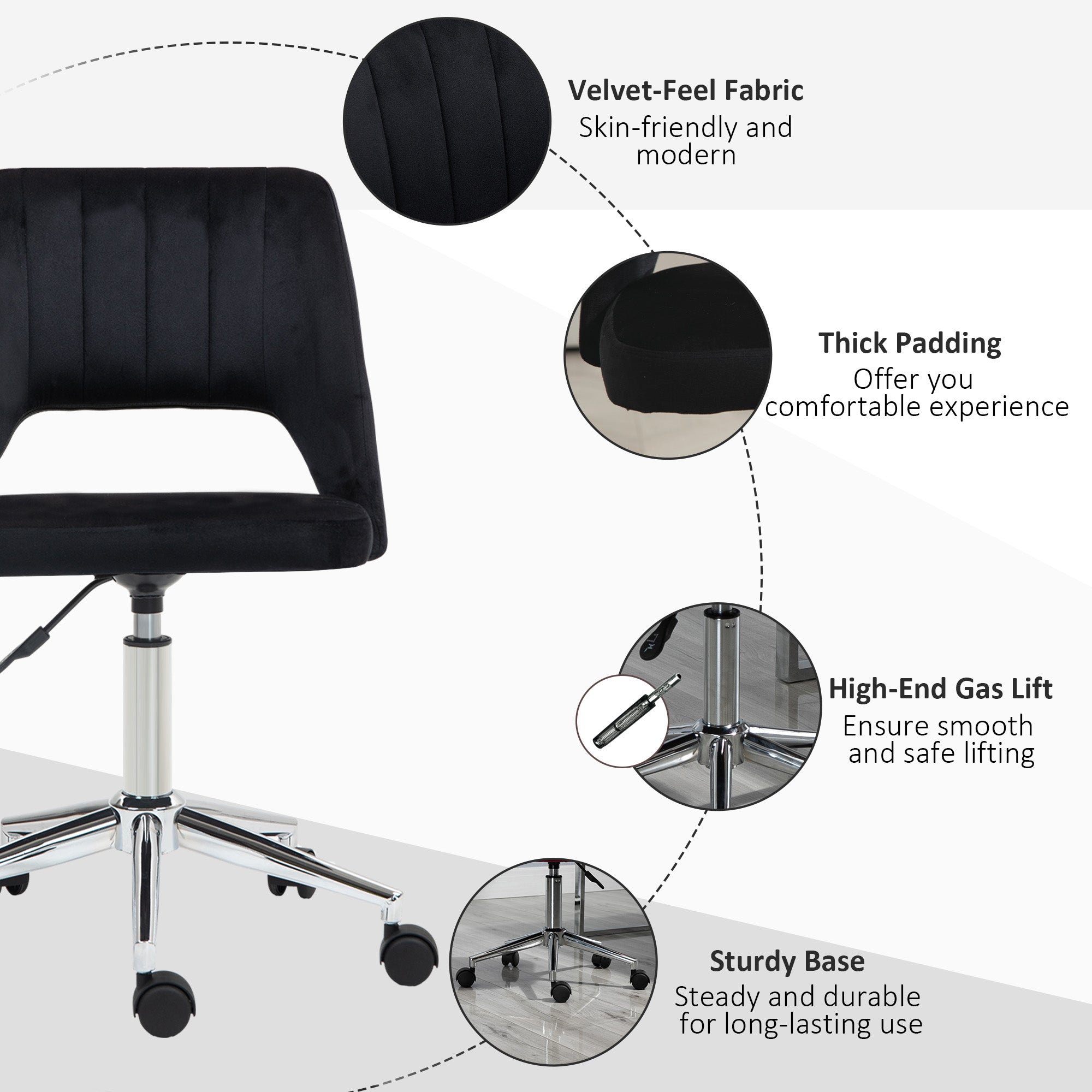 Mid-Back Velvet Office Chair - Scallop Swivel Desk Chair, Black-Office Products > Office Furniture > Office Chairs-DECOROLALA