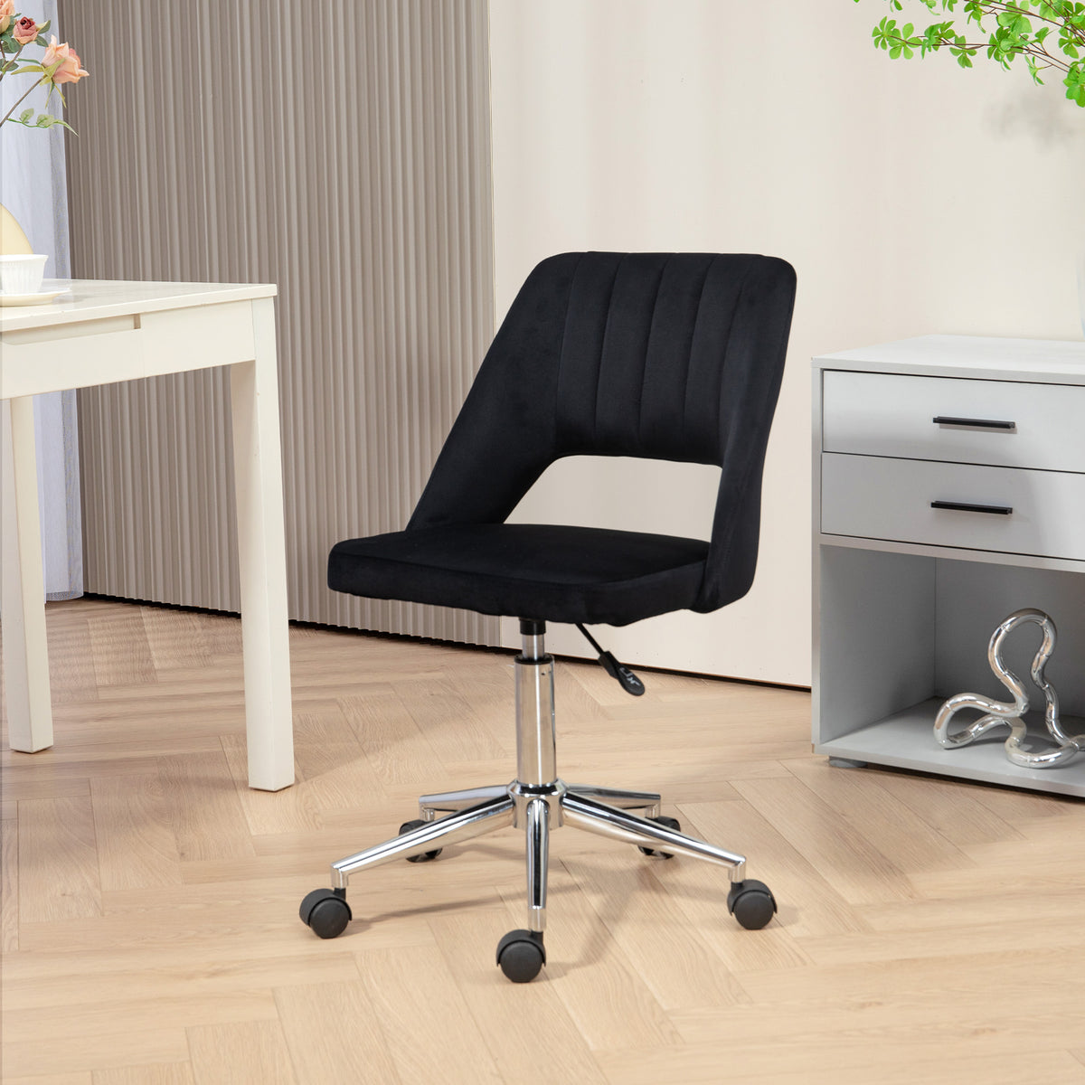 Mid-Back Velvet Office Chair - Scallop Swivel Desk Chair, Black-Office Products > Office Furniture > Office Chairs-DECOROLALA