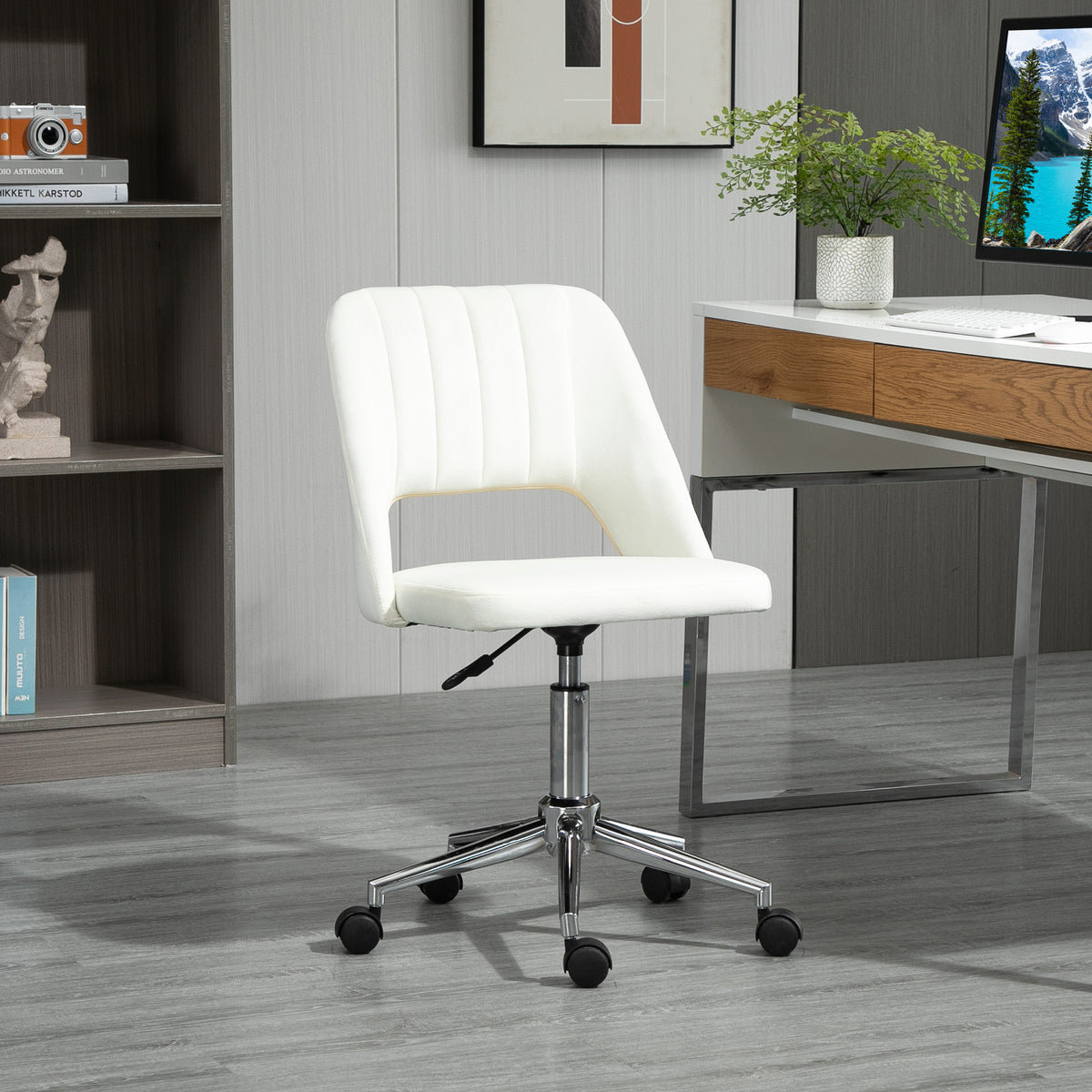 Mid-Back Velvet Office Chair - Scallop Swivel Desk Chair, Cream White-Office Products > Office Furniture > Office Chairs-DECOROLALA