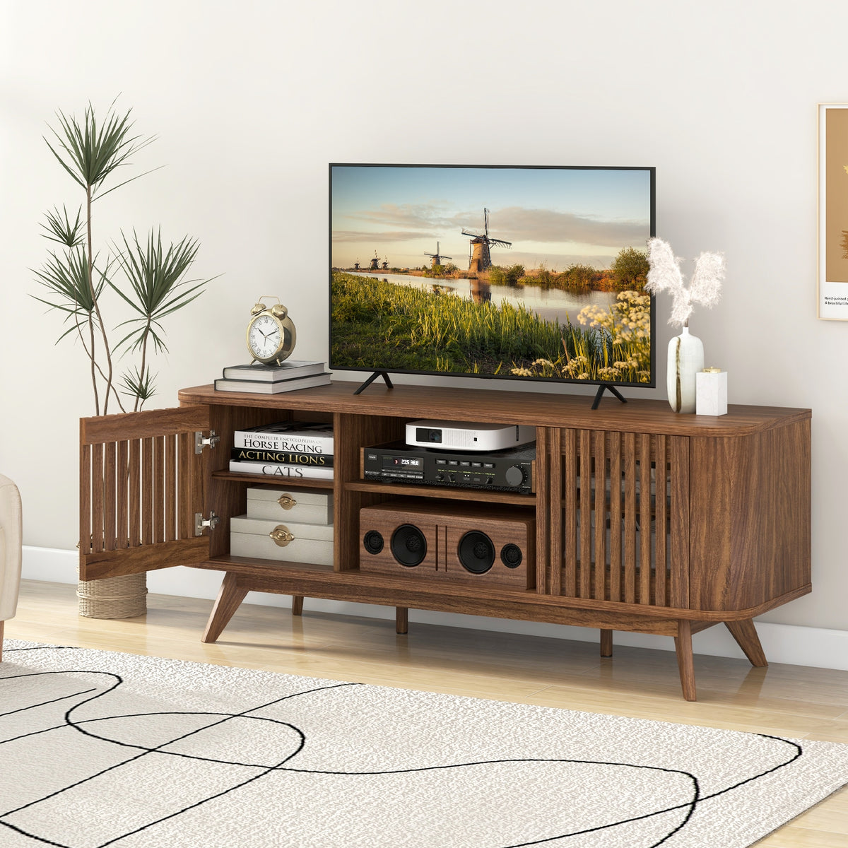 Mid-Century 2-Door TV Stand for TVs up to 60" - Walnut-Entertainment Centers & TV Stands-DECOROLALA
