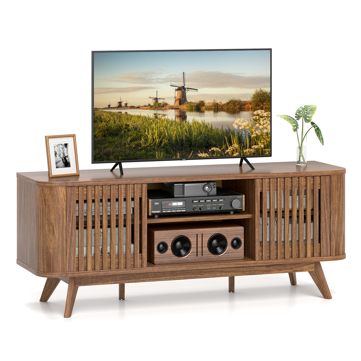 Mid-Century 2-Door TV Stand for TVs up to 60" - Walnut-Entertainment Centers & TV Stands-DECOROLALA