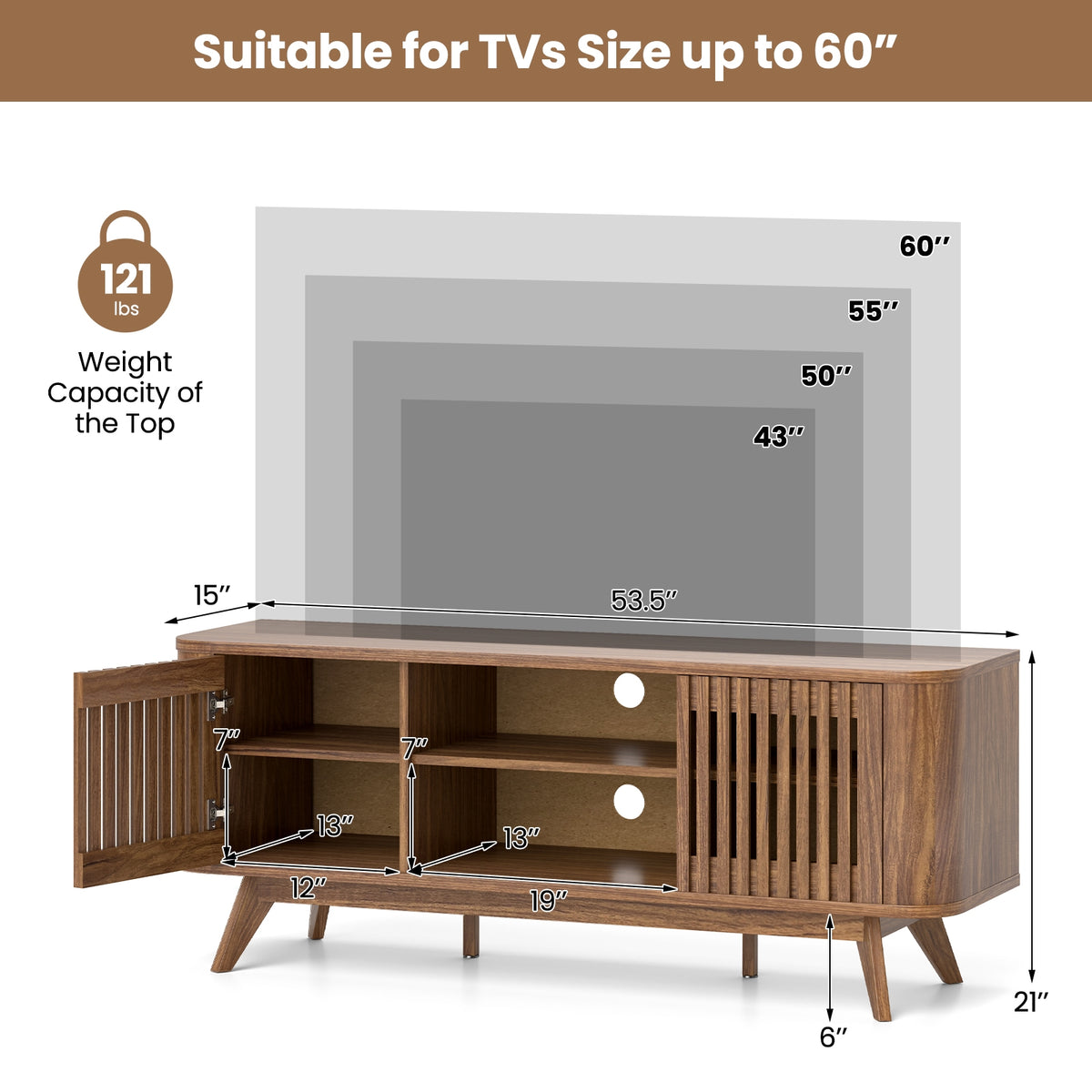 Mid-Century 2-Door TV Stand for TVs up to 60" - Walnut-Entertainment Centers & TV Stands-DECOROLALA