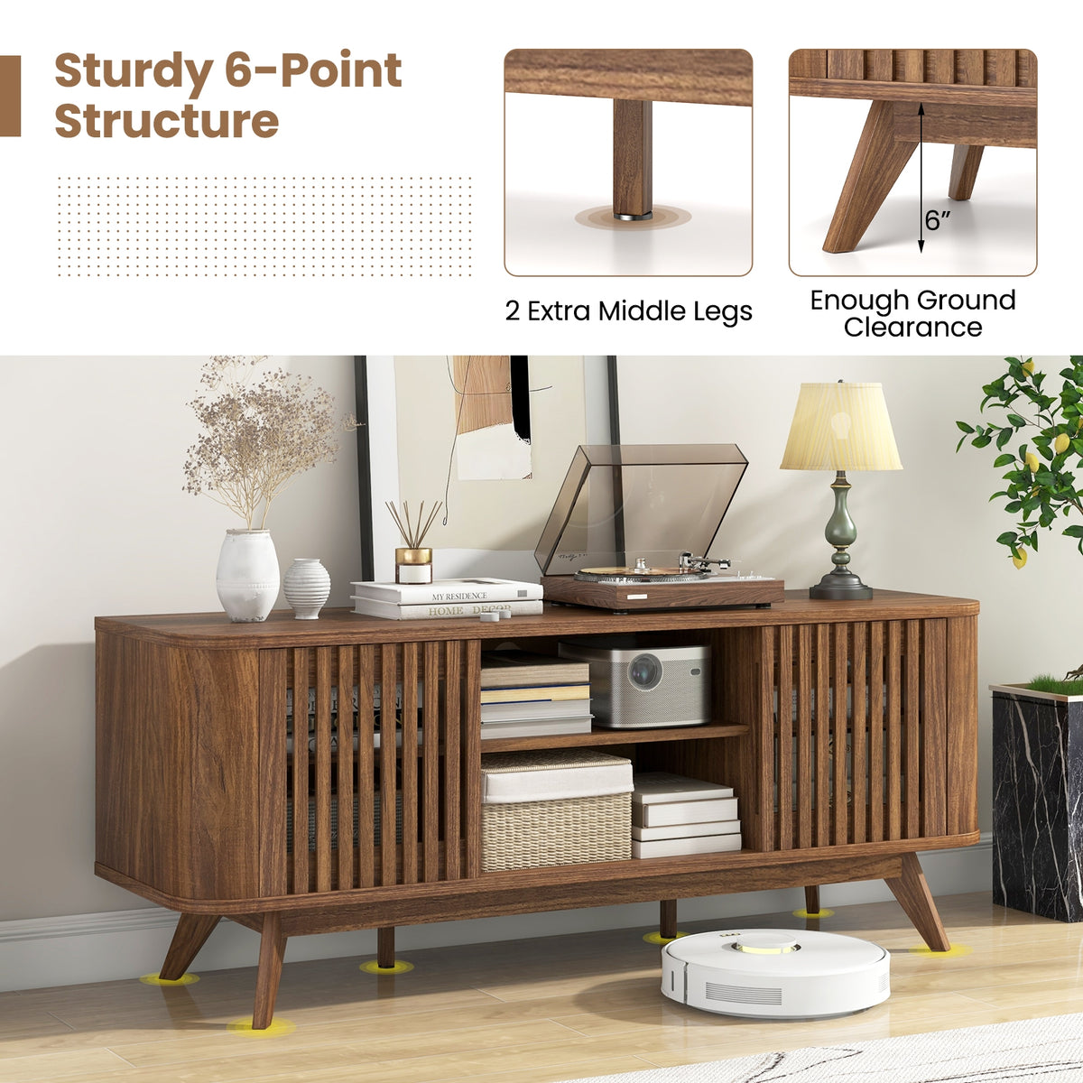 Mid-Century 2-Door TV Stand for TVs up to 60" - Walnut-Entertainment Centers & TV Stands-DECOROLALA