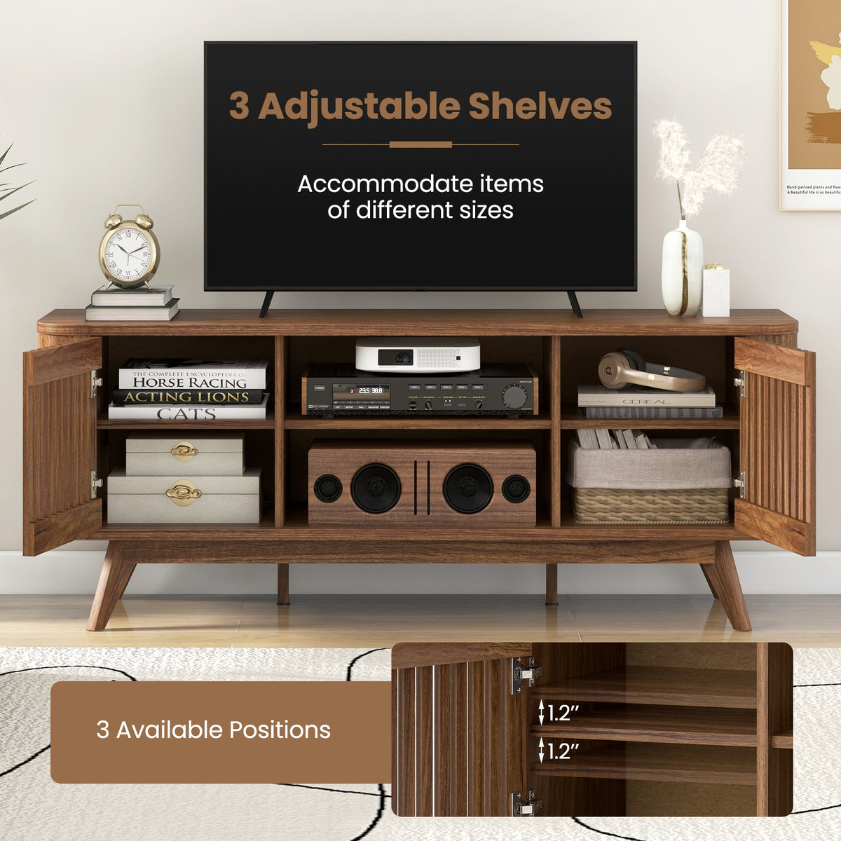 Mid-Century 2-Door TV Stand for TVs up to 60" - Walnut-Entertainment Centers & TV Stands-DECOROLALA