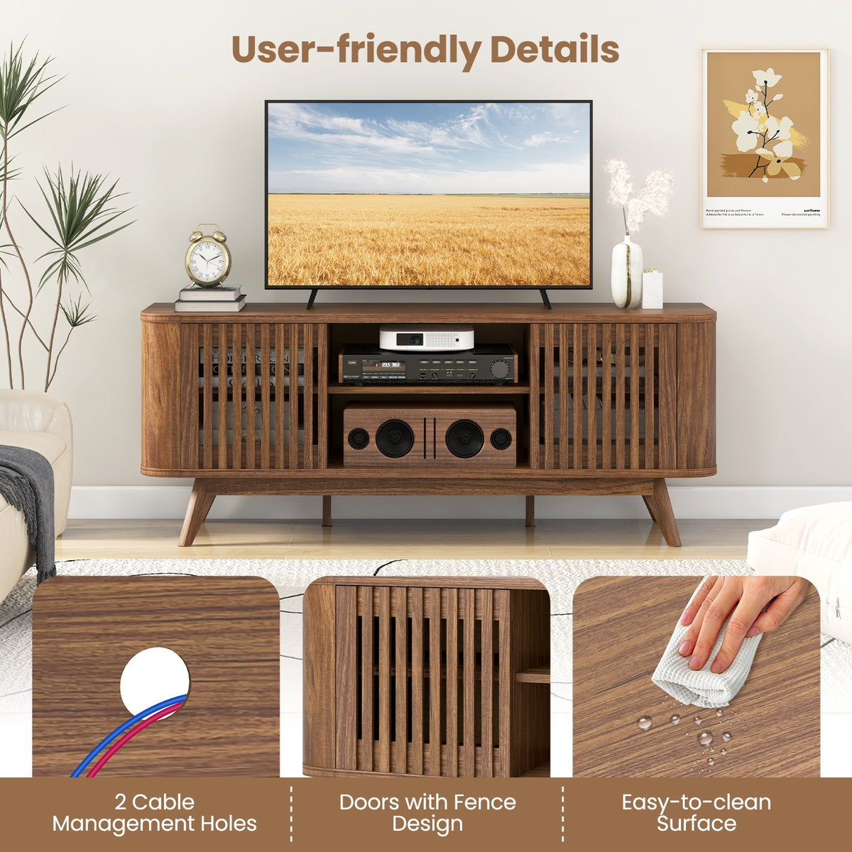 Mid-Century 2-Door TV Stand for TVs up to 60" - Walnut-Entertainment Centers & TV Stands-DECOROLALA