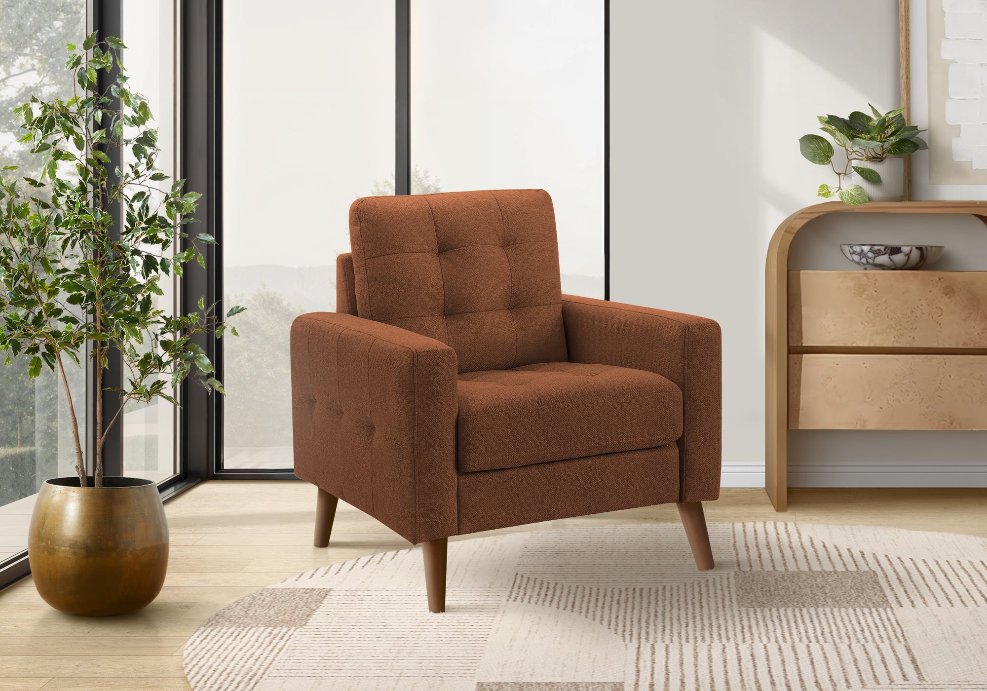 Mid Century Accent Chair - 31" Rust Fabric Walnut Wood Legs-Accent Chairs-DECOROLALA