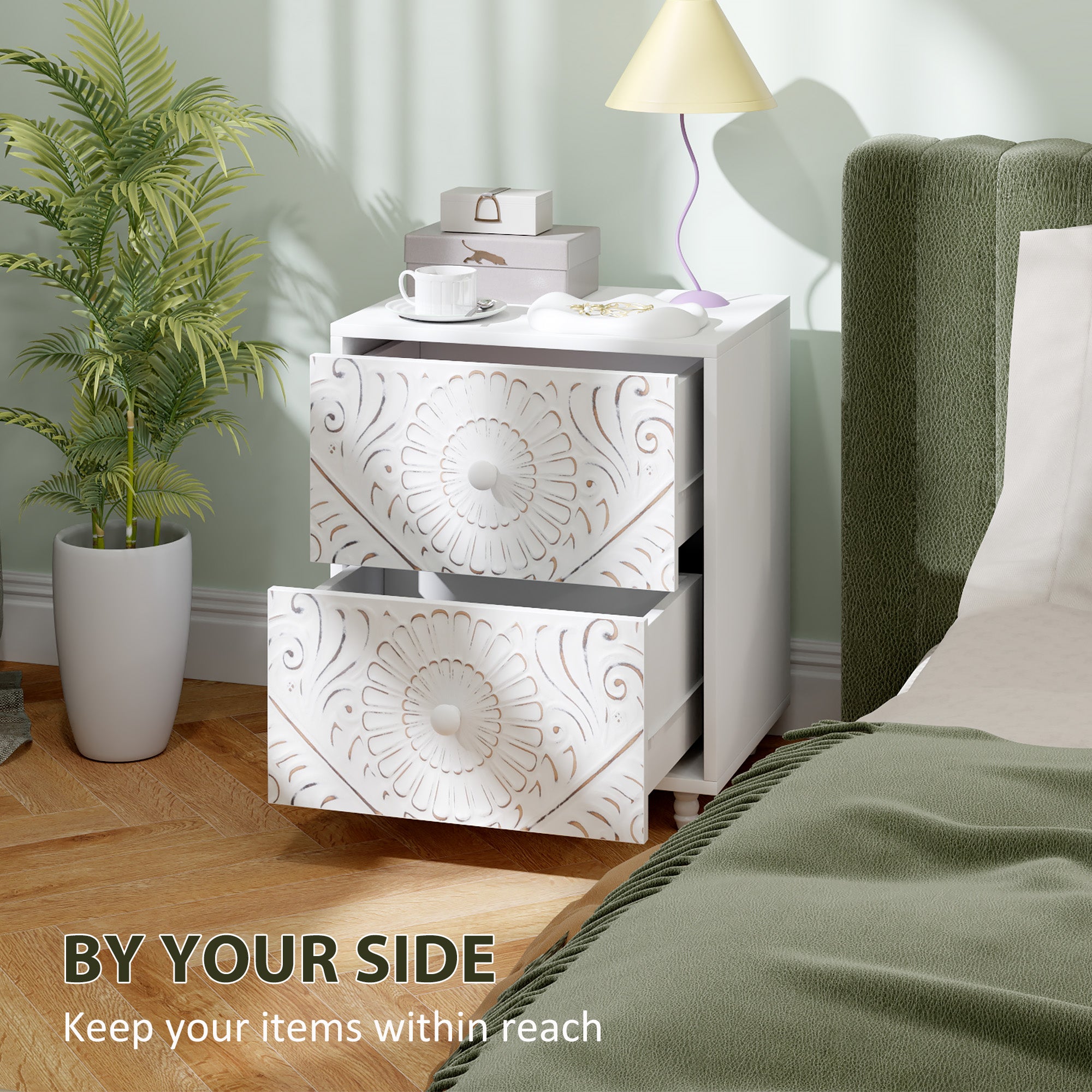 Mid-Century Bedside Table, Nightstand with 2 Drawers, Side End Table for Bedroom, White-Home Furnishings > Bedroom Furniture > Bedside Tables-DECOROLALA