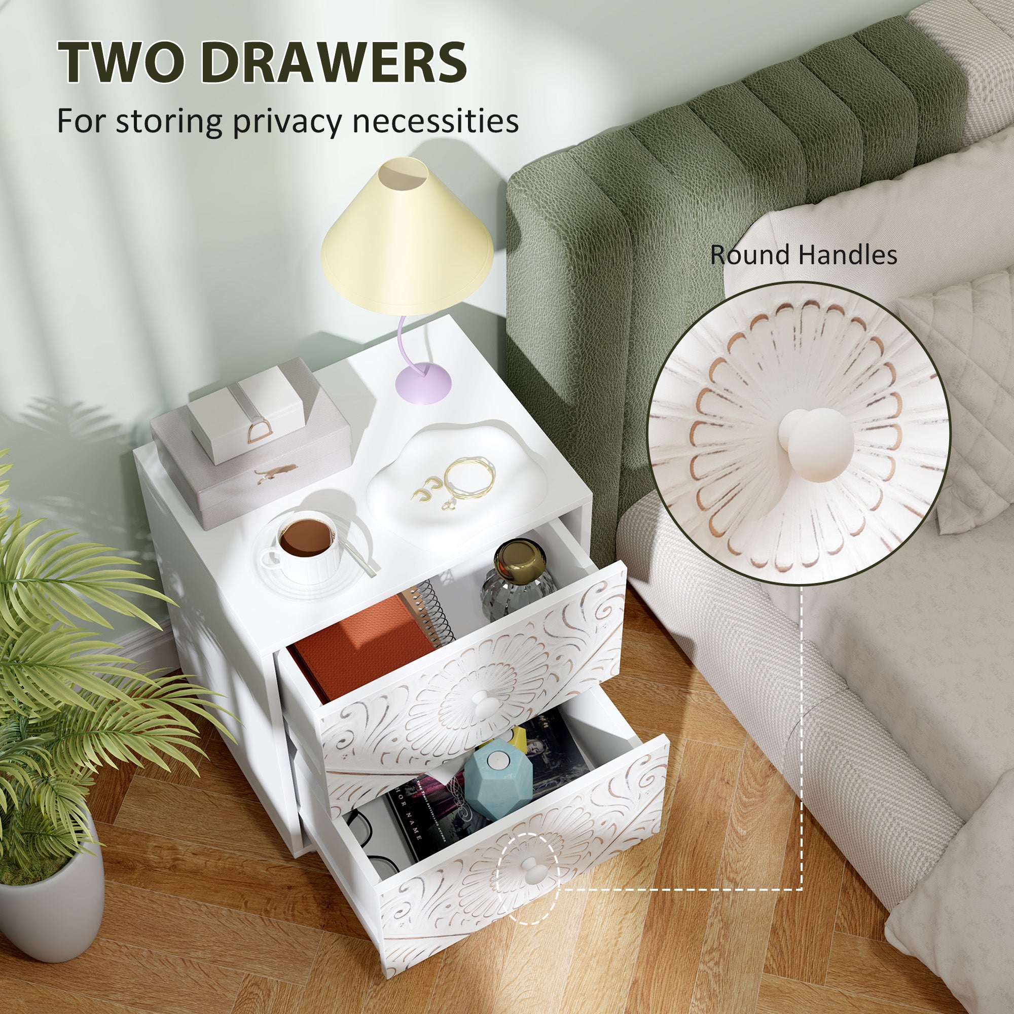 Mid-Century Bedside Table, Nightstand with 2 Drawers, Side End Table for Bedroom, White-Home Furnishings > Bedroom Furniture > Bedside Tables-DECOROLALA