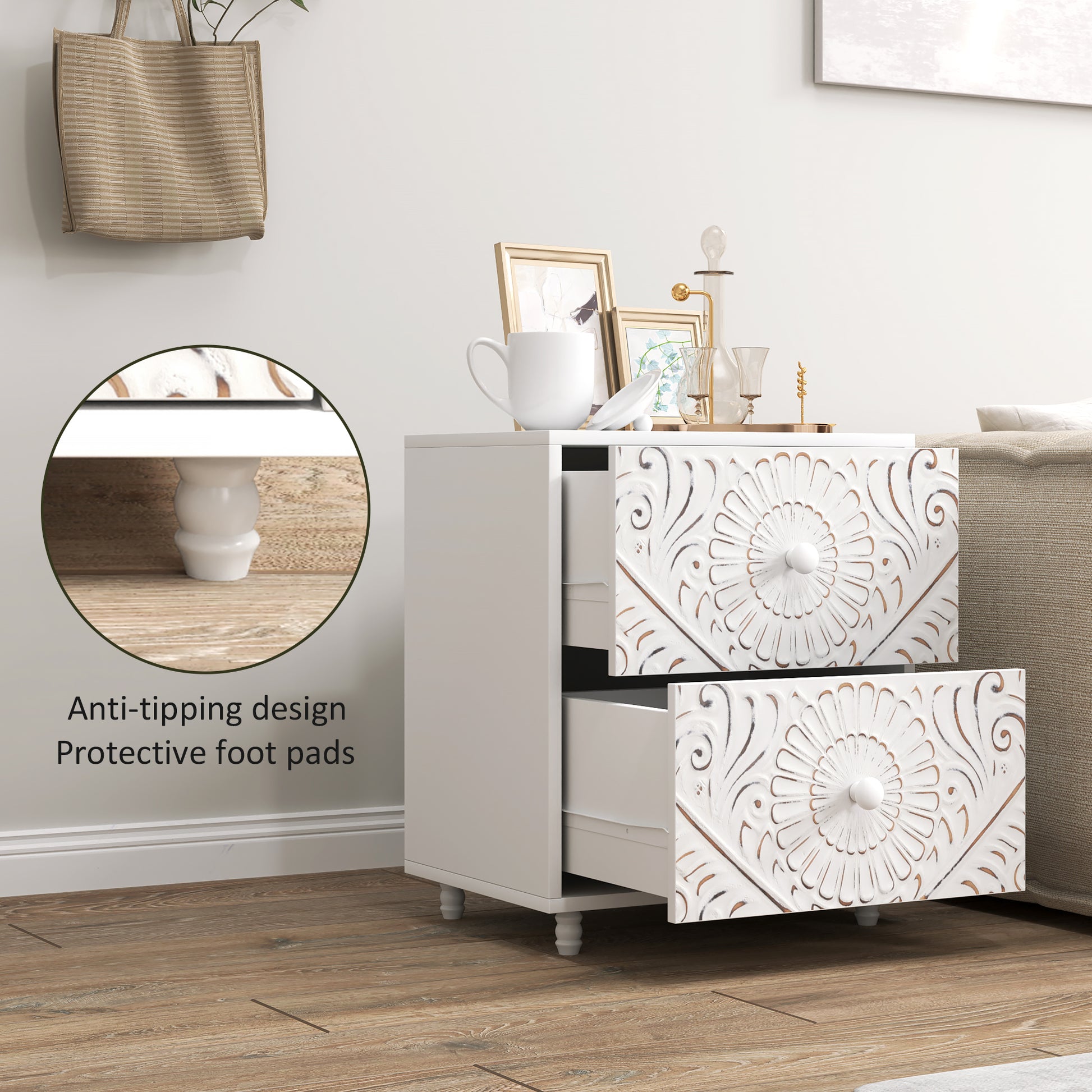 Mid-Century Bedside Table, Nightstand with 2 Drawers, Side End Table for Bedroom, White-Home Furnishings > Bedroom Furniture > Bedside Tables-DECOROLALA
