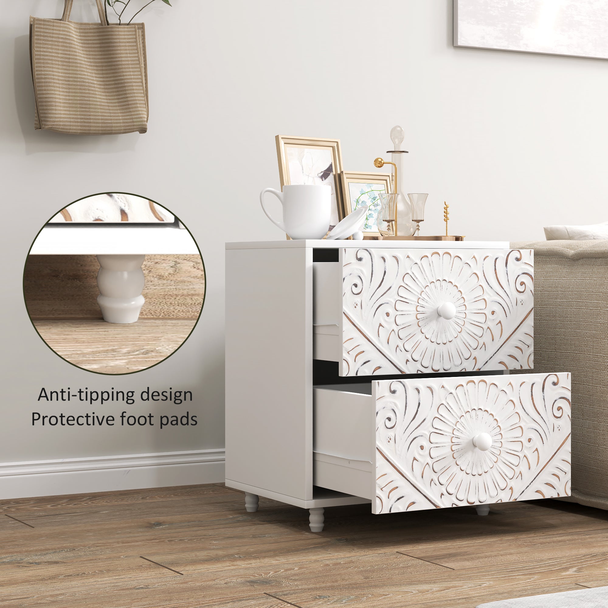 Mid-Century Bedside Table, Nightstand with 2 Drawers, Side End Table for Bedroom, White-Home Furnishings > Bedroom Furniture > Bedside Tables-DECOROLALA