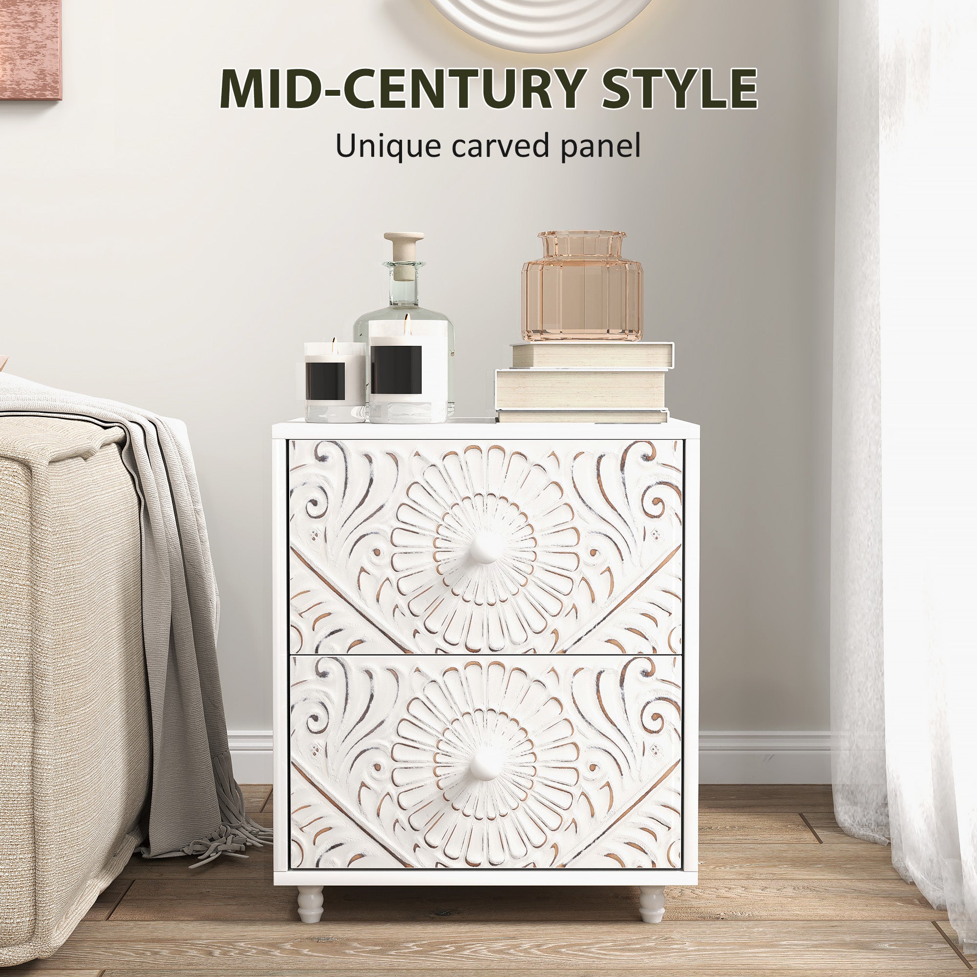 Mid-Century Bedside Table, Nightstand with 2 Drawers, Side End Table for Bedroom, White-Home Furnishings > Bedroom Furniture > Bedside Tables-DECOROLALA
