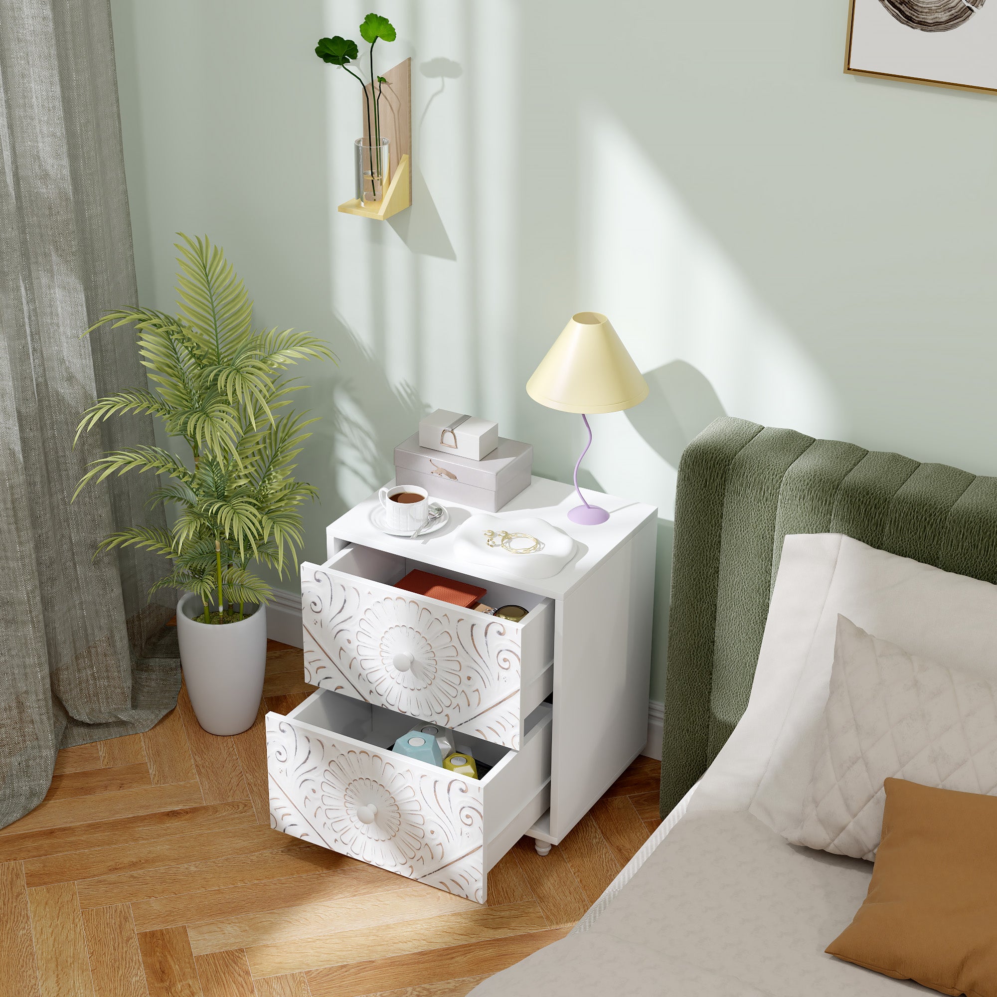 Mid-Century Bedside Table, Nightstand with 2 Drawers, Side End Table for Bedroom, White-Home Furnishings > Bedroom Furniture > Bedside Tables-DECOROLALA