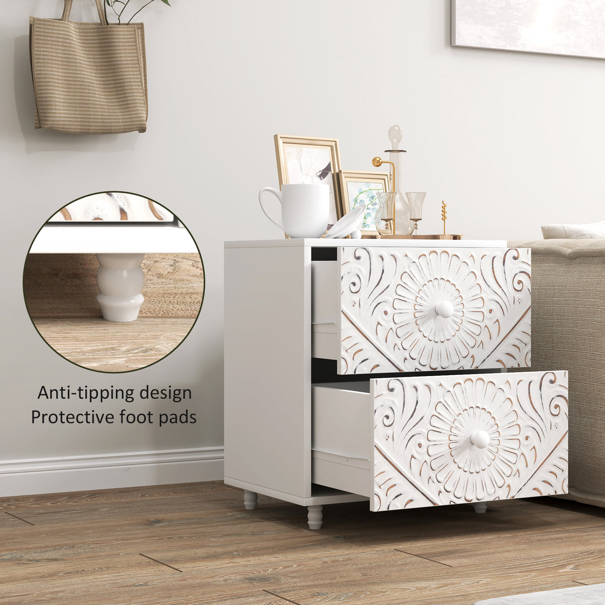 Mid-Century Bedside Table - White 2-Drawer Nightstand-Nightstands-DECOROLALA