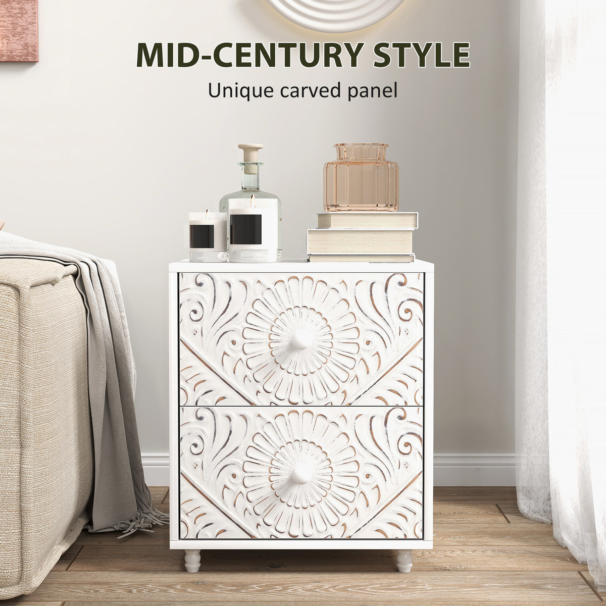 Mid-Century Bedside Table - White 2-Drawer Nightstand-Nightstands-DECOROLALA