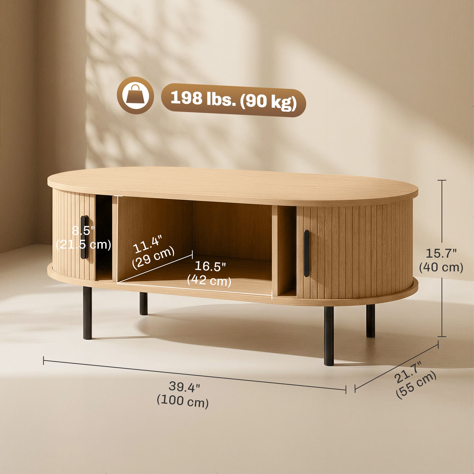 Mid-Century Coffee Table - 39" Natural with Tambour Doors-Home Furnishings > Living Room Furniture > Coffee Tables-DECOROLALA