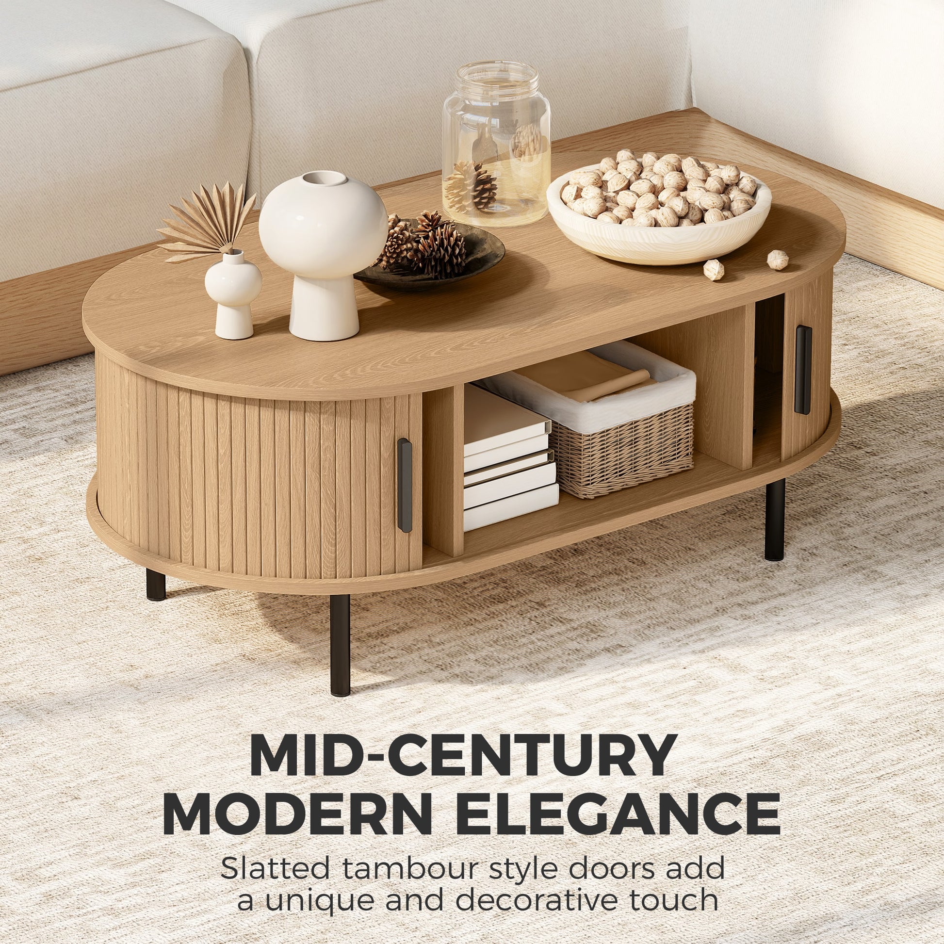 Mid-Century Coffee Table - 39" Natural with Tambour Doors-Home Furnishings > Living Room Furniture > Coffee Tables-DECOROLALA