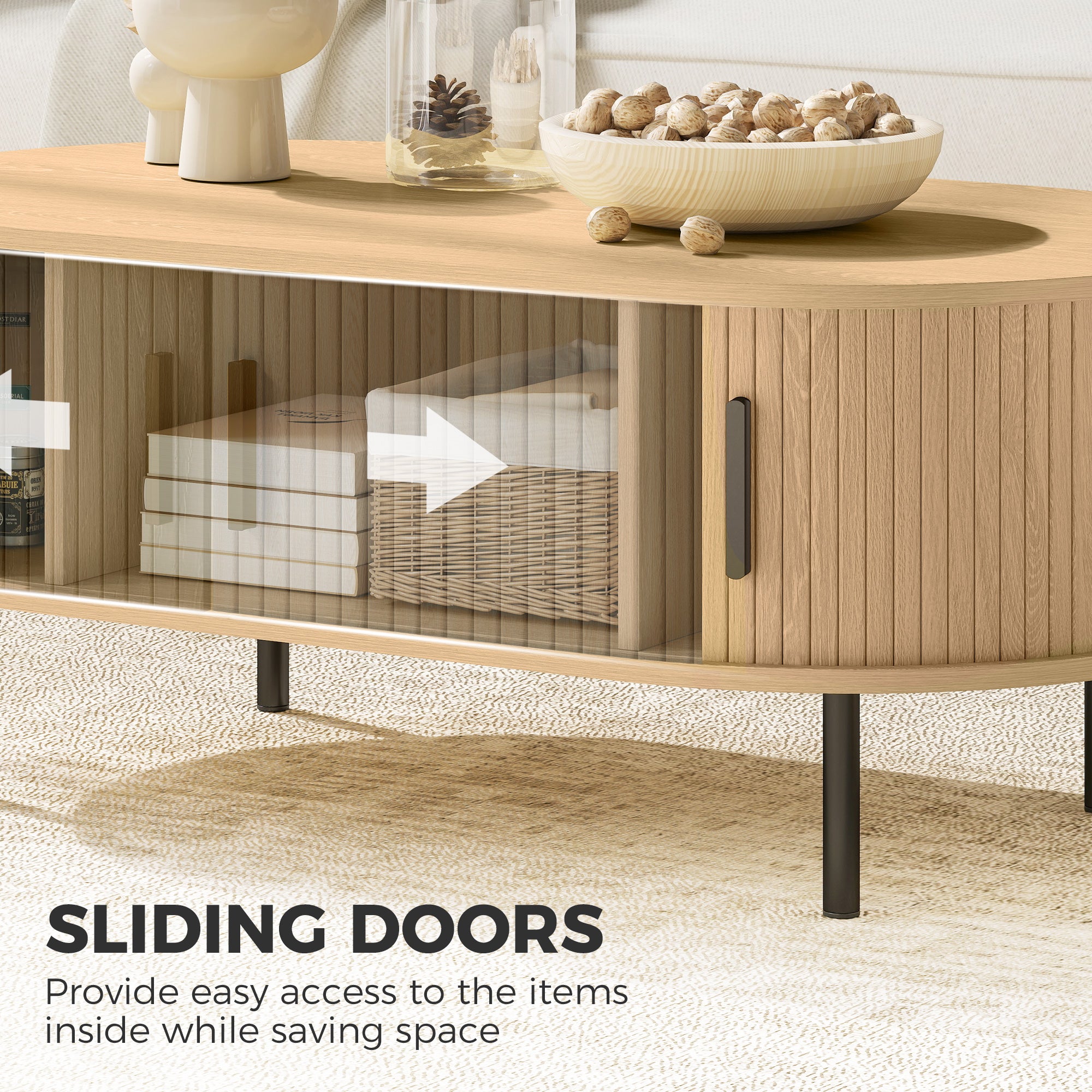Mid-Century Coffee Table - 39" Natural with Tambour Doors-Home Furnishings > Living Room Furniture > Coffee Tables-DECOROLALA