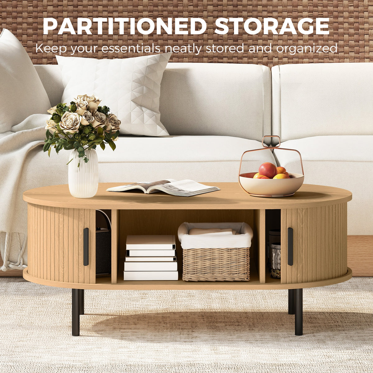 Mid-Century Coffee Table - 39" Natural with Tambour Doors-Home Furnishings > Living Room Furniture > Coffee Tables-DECOROLALA