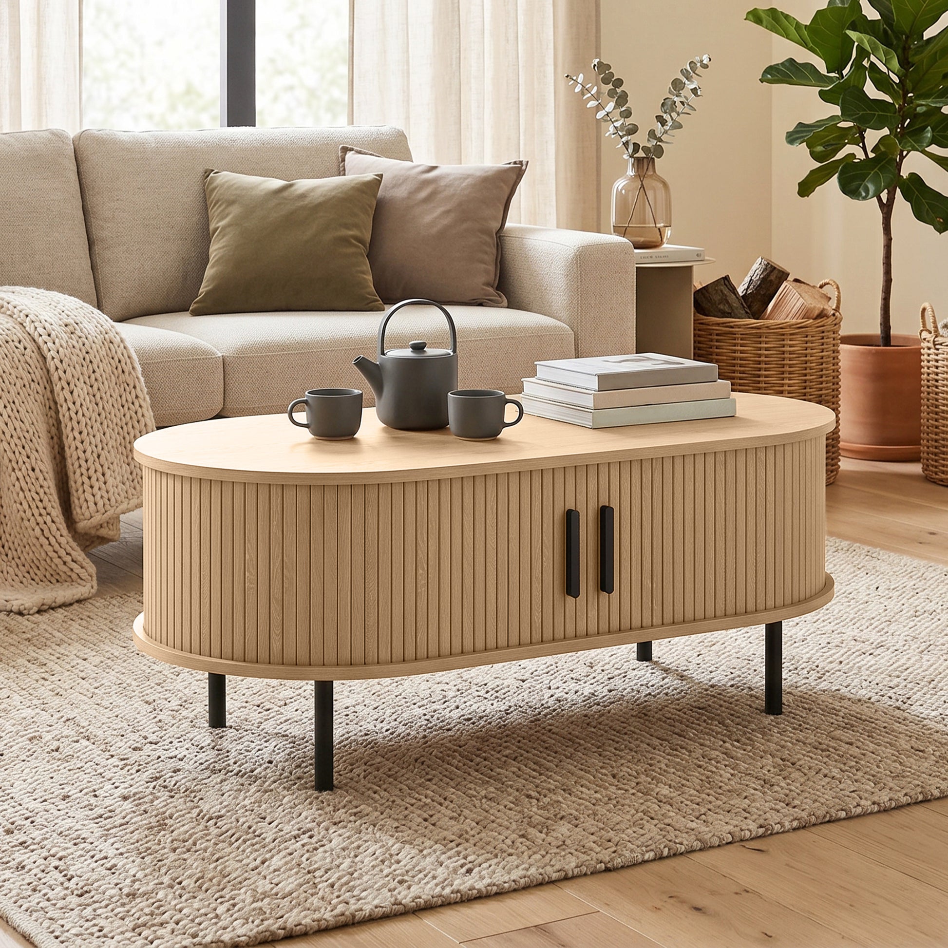 Mid-Century Coffee Table - 39" Natural with Tambour Doors-Home Furnishings > Living Room Furniture > Coffee Tables-DECOROLALA