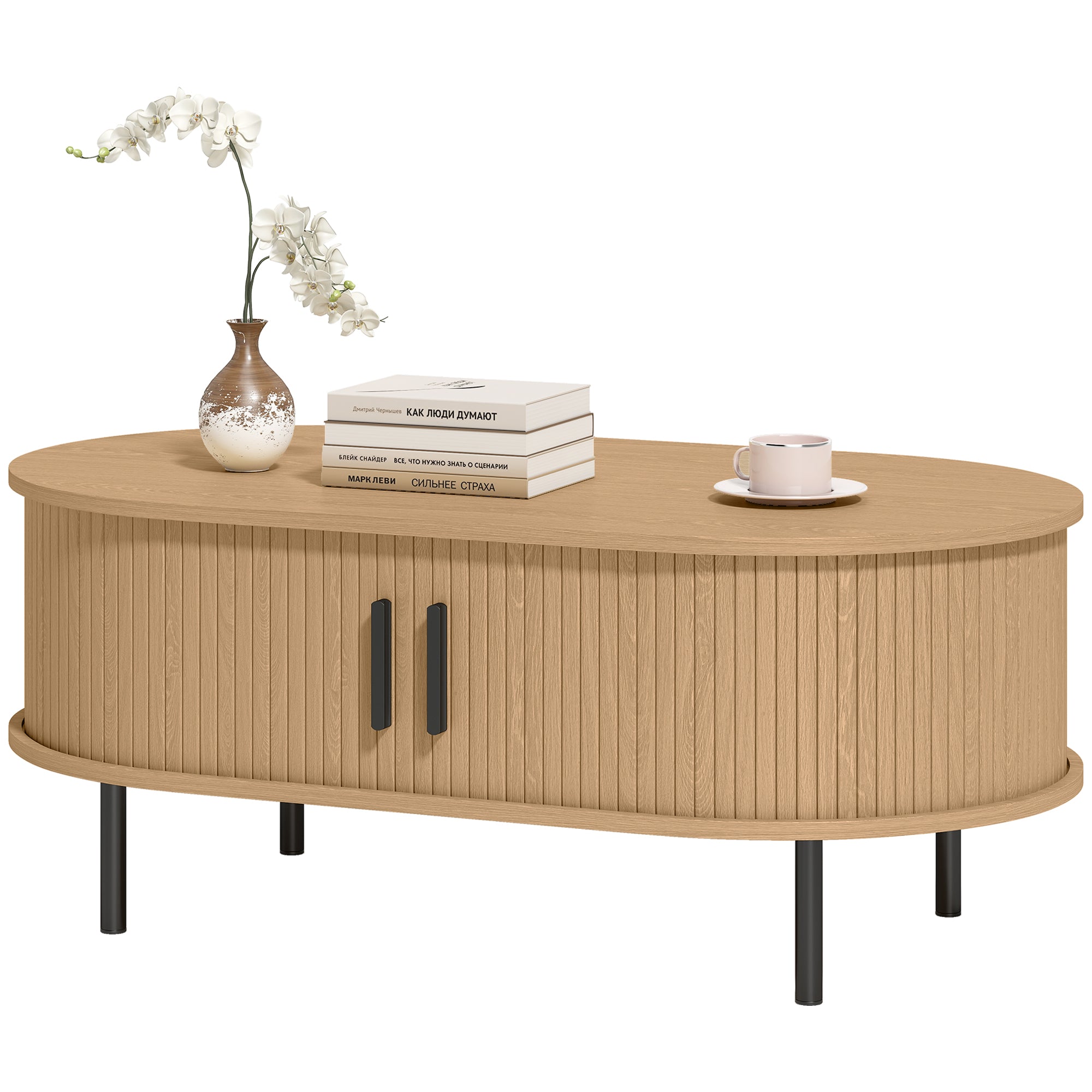 Mid-Century Coffee Table - 39" Natural with Tambour Doors-Home Furnishings > Living Room Furniture > Coffee Tables-DECOROLALA