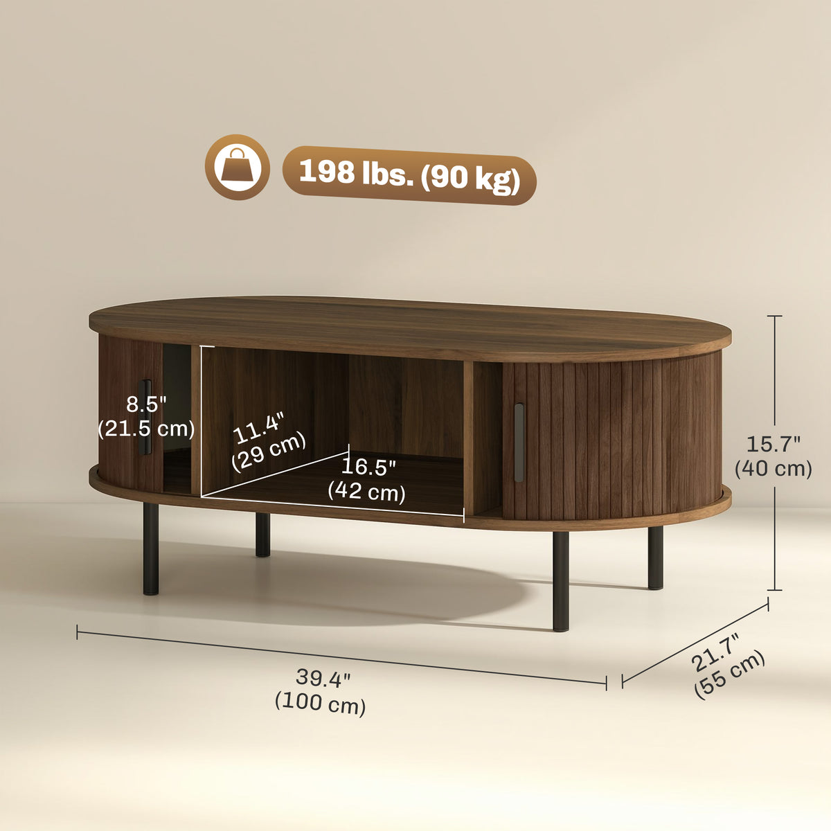 Mid-Century Coffee Table with Tambour Doors - 39" Brown-Home Furnishings > Living Room Furniture > Coffee Tables-DECOROLALA