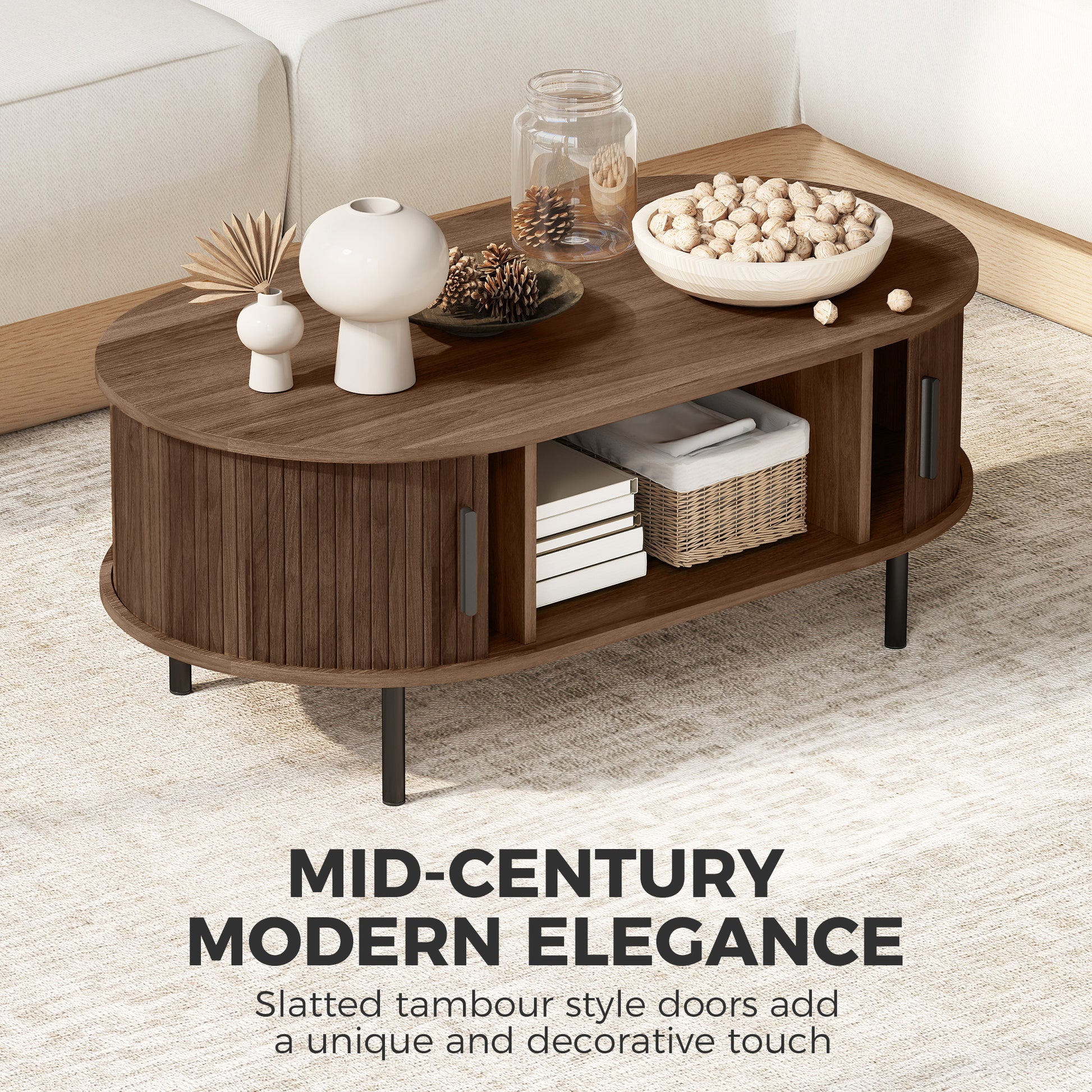 Mid-Century Coffee Table with Tambour Doors - 39" Brown-Home Furnishings > Living Room Furniture > Coffee Tables-DECOROLALA