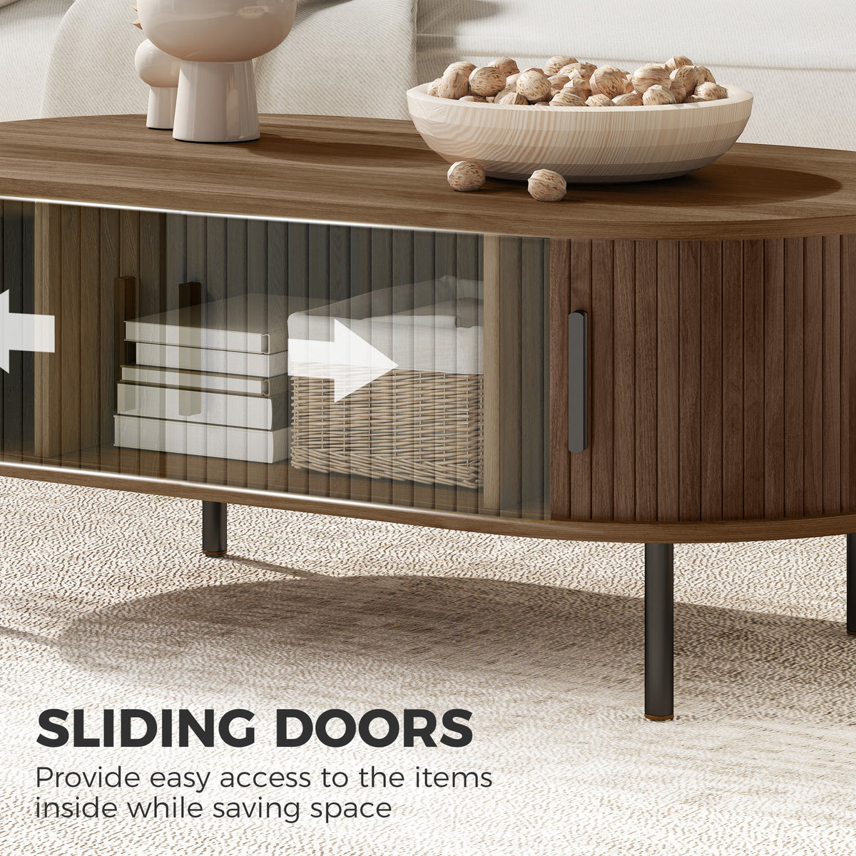 Mid-Century Coffee Table with Tambour Doors - 39" Brown-Home Furnishings > Living Room Furniture > Coffee Tables-DECOROLALA