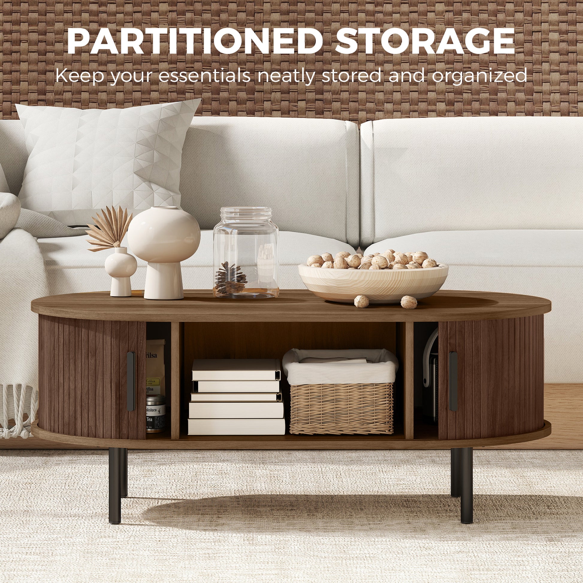 Mid-Century Coffee Table with Tambour Doors - 39" Brown-Home Furnishings > Living Room Furniture > Coffee Tables-DECOROLALA