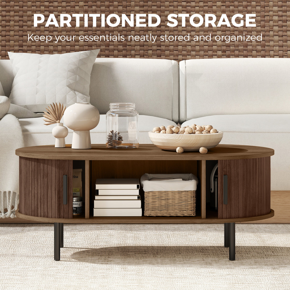 Mid-Century Coffee Table with Tambour Doors - 39" Brown-Home Furnishings > Living Room Furniture > Coffee Tables-DECOROLALA