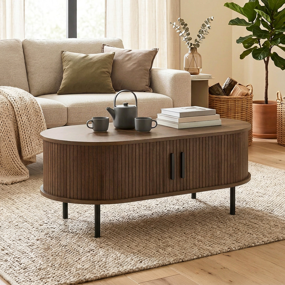 Mid-Century Coffee Table with Tambour Doors - 39" Brown-Home Furnishings > Living Room Furniture > Coffee Tables-DECOROLALA