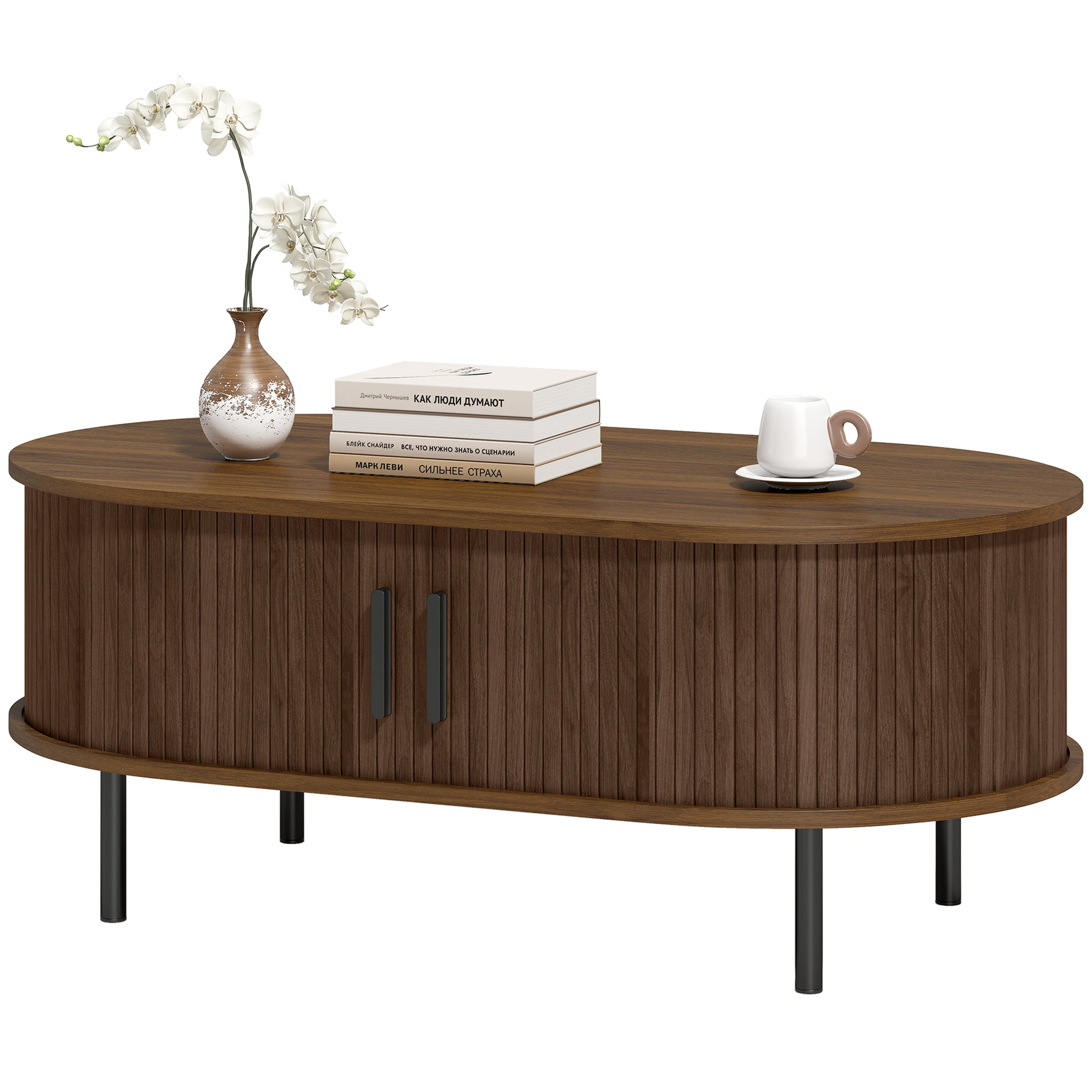 Mid-Century Coffee Table with Tambour Doors - 39" Brown-Home Furnishings > Living Room Furniture > Coffee Tables-DECOROLALA