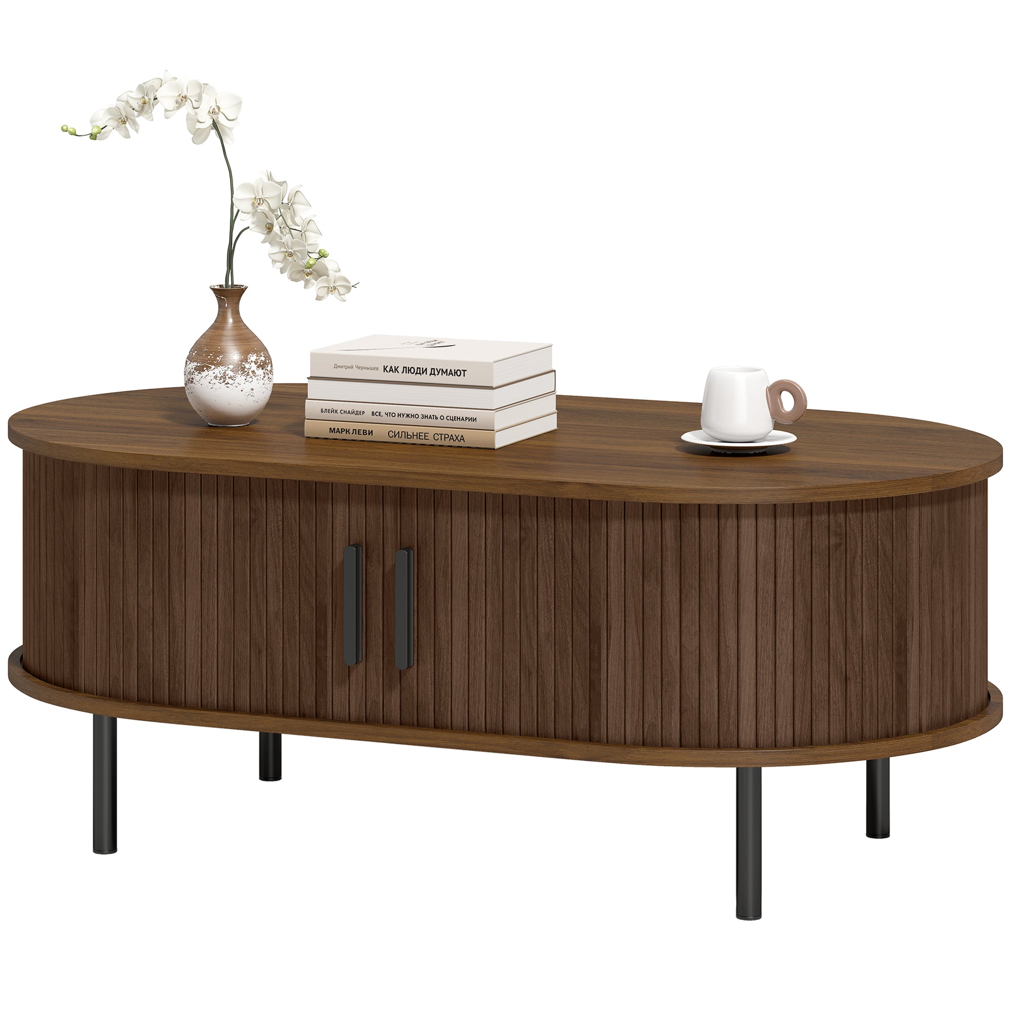Mid-Century Coffee Table with Tambour Doors - 39" Brown-Home Furnishings > Living Room Furniture > Coffee Tables-DECOROLALA