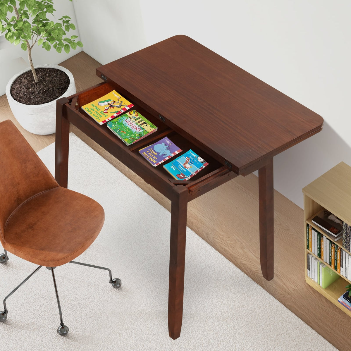 Mid Century Folding Dining Table for 4 People Extendable Kitchen Table with Hidden Storage-Brown-Dining Tables-DECOROLALA