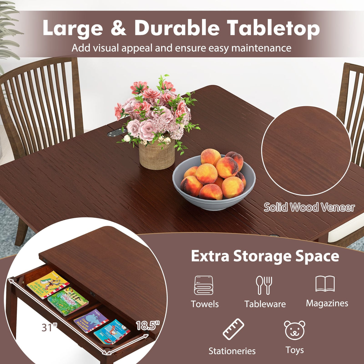 Mid Century Folding Dining Table for 4 People Extendable Kitchen Table with Hidden Storage-Brown-Dining Tables-DECOROLALA