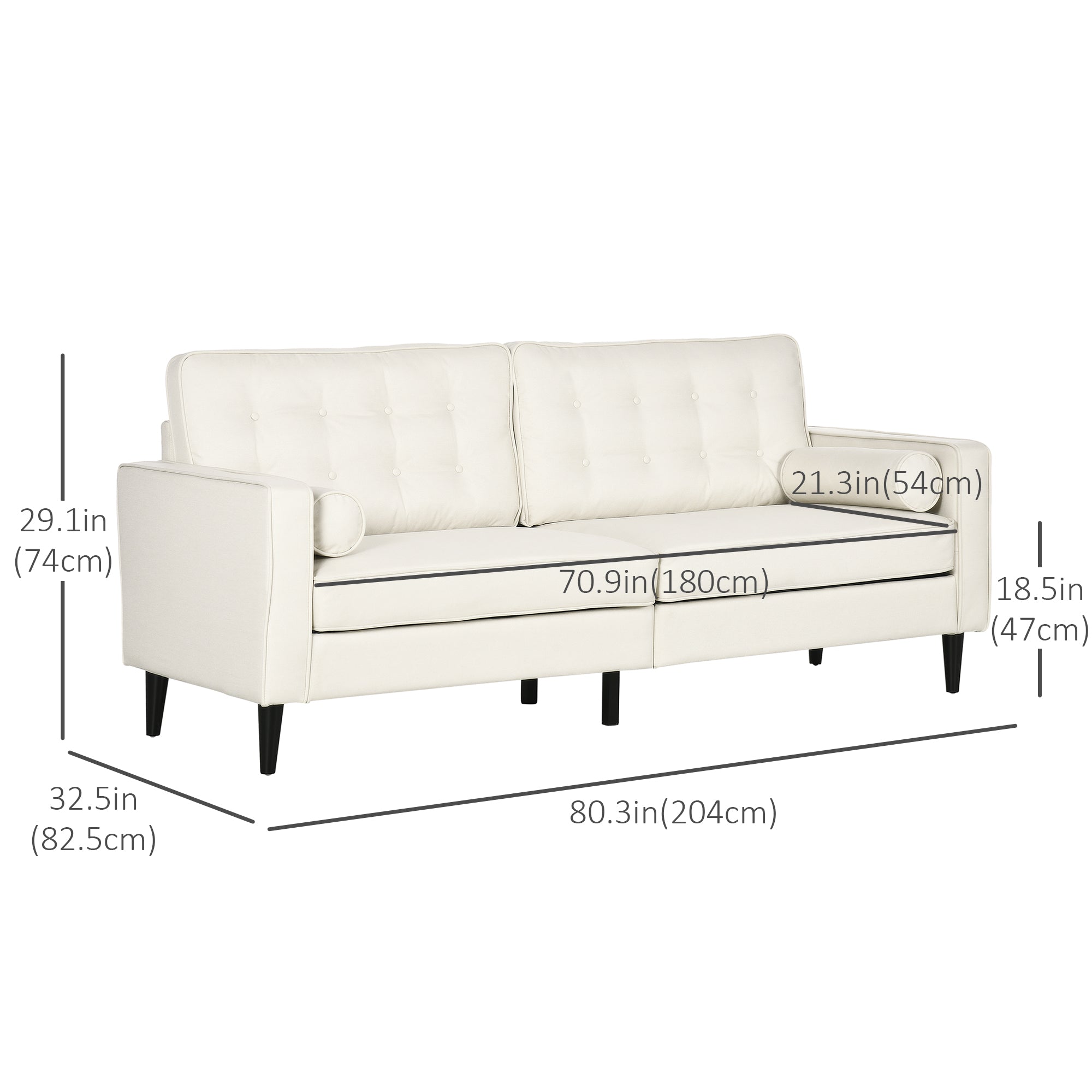 Mid-Century Linen Sofa, Cream White, Button-Tufted, 2 Pillows, Rubber Wood Legs-DECOROLALA