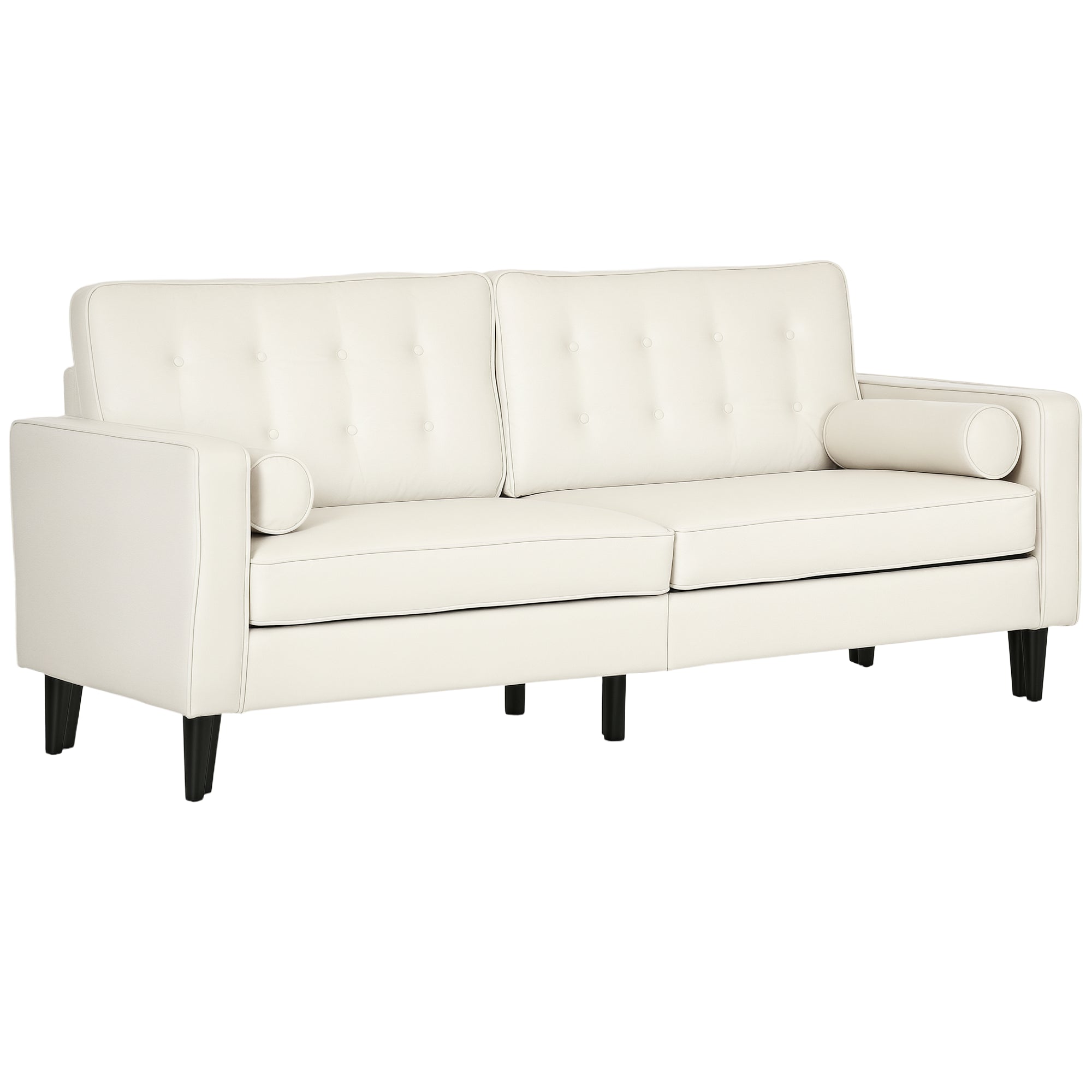 Mid-Century Linen Sofa, Cream White, Button-Tufted, 2 Pillows, Rubber Wood Legs-DECOROLALA