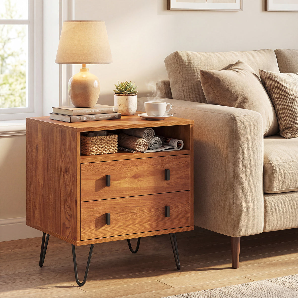 Mid Century Modern 2-Drawer Nightstand with Storage Compartment-Walnut-Nightstands-DECOROLALA