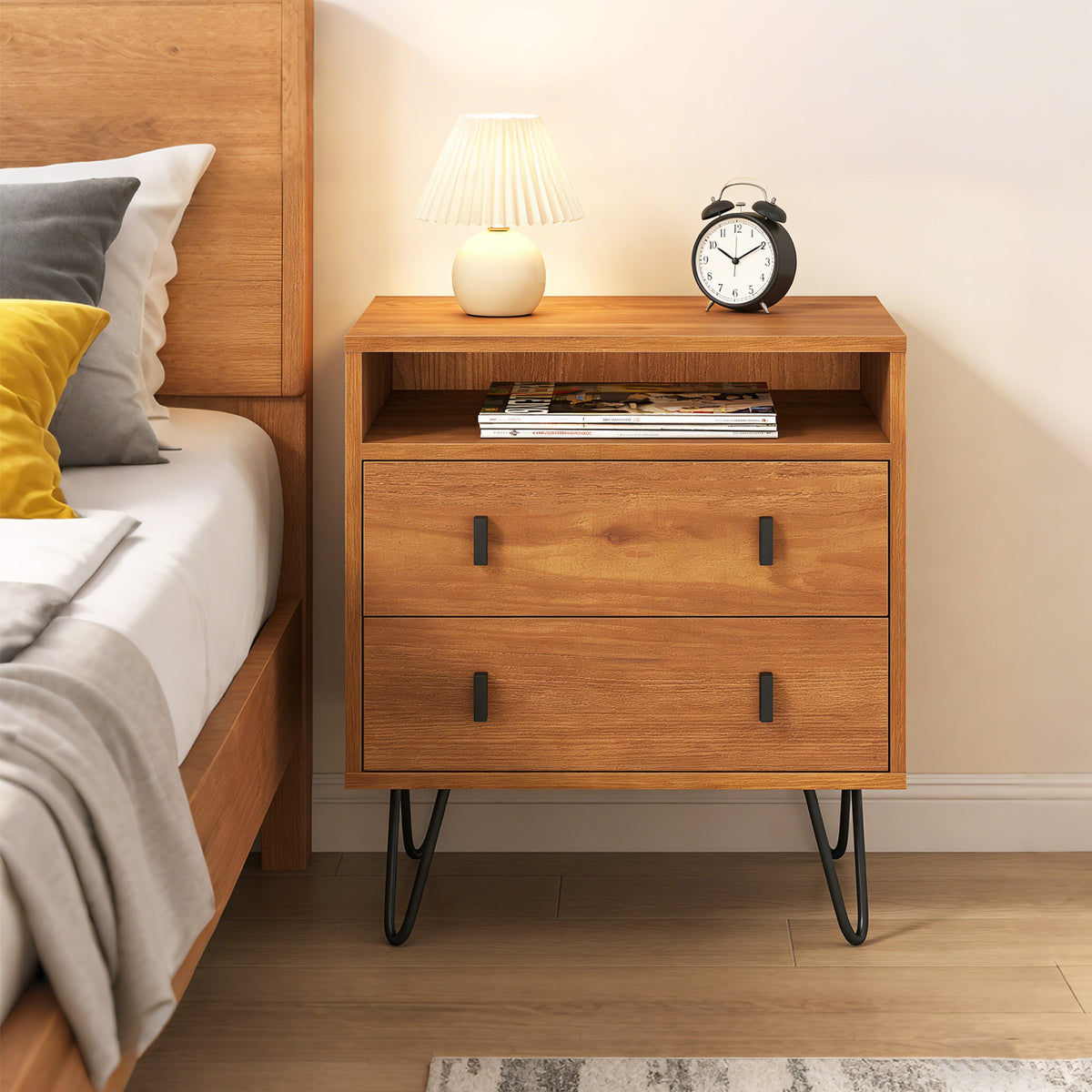 Mid Century Modern 2-Drawer Nightstand with Storage Compartment-Walnut-Nightstands-DECOROLALA