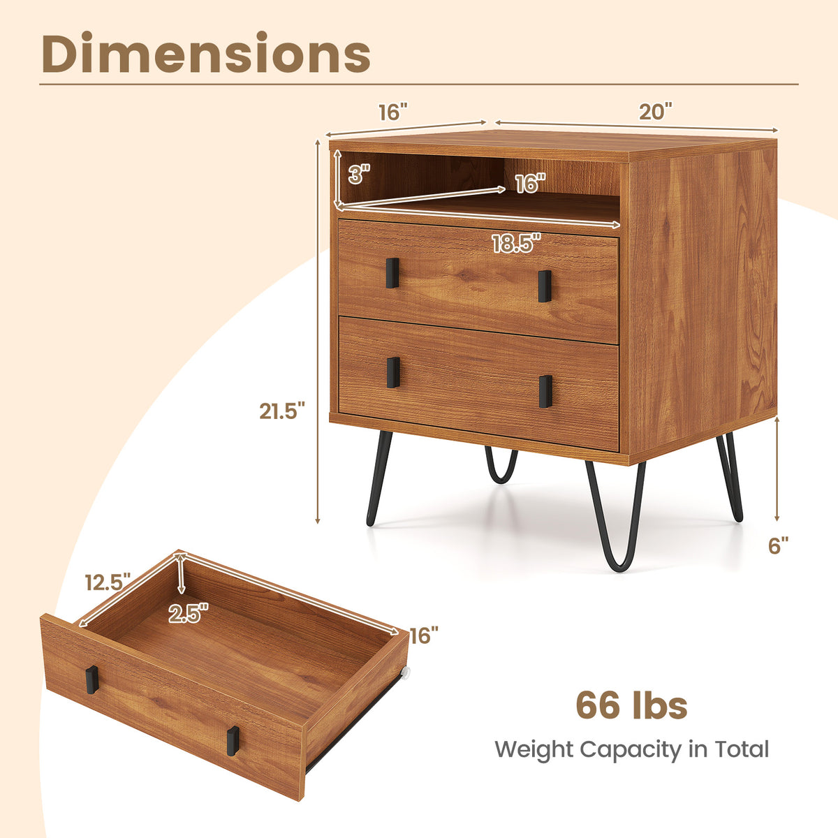 Mid Century Modern 2-Drawer Nightstand with Storage Compartment-Walnut-Nightstands-DECOROLALA