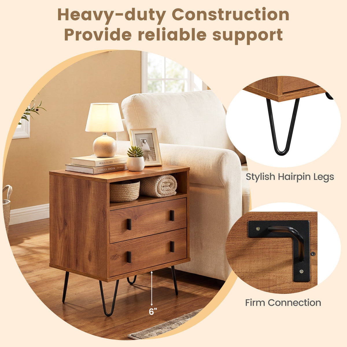 Mid Century Modern 2-Drawer Nightstand with Storage Compartment-Walnut-Nightstands-DECOROLALA