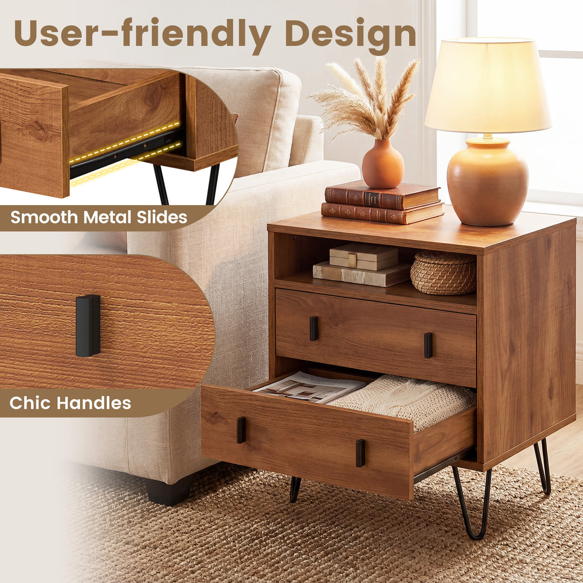 Mid Century Modern 2-Drawer Nightstand with Storage Compartment-Walnut-Nightstands-DECOROLALA
