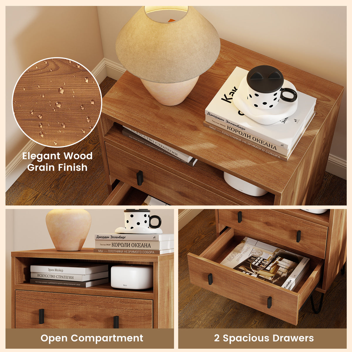 Mid Century Modern 2-Drawer Nightstand with Storage Compartment-Walnut-Nightstands-DECOROLALA