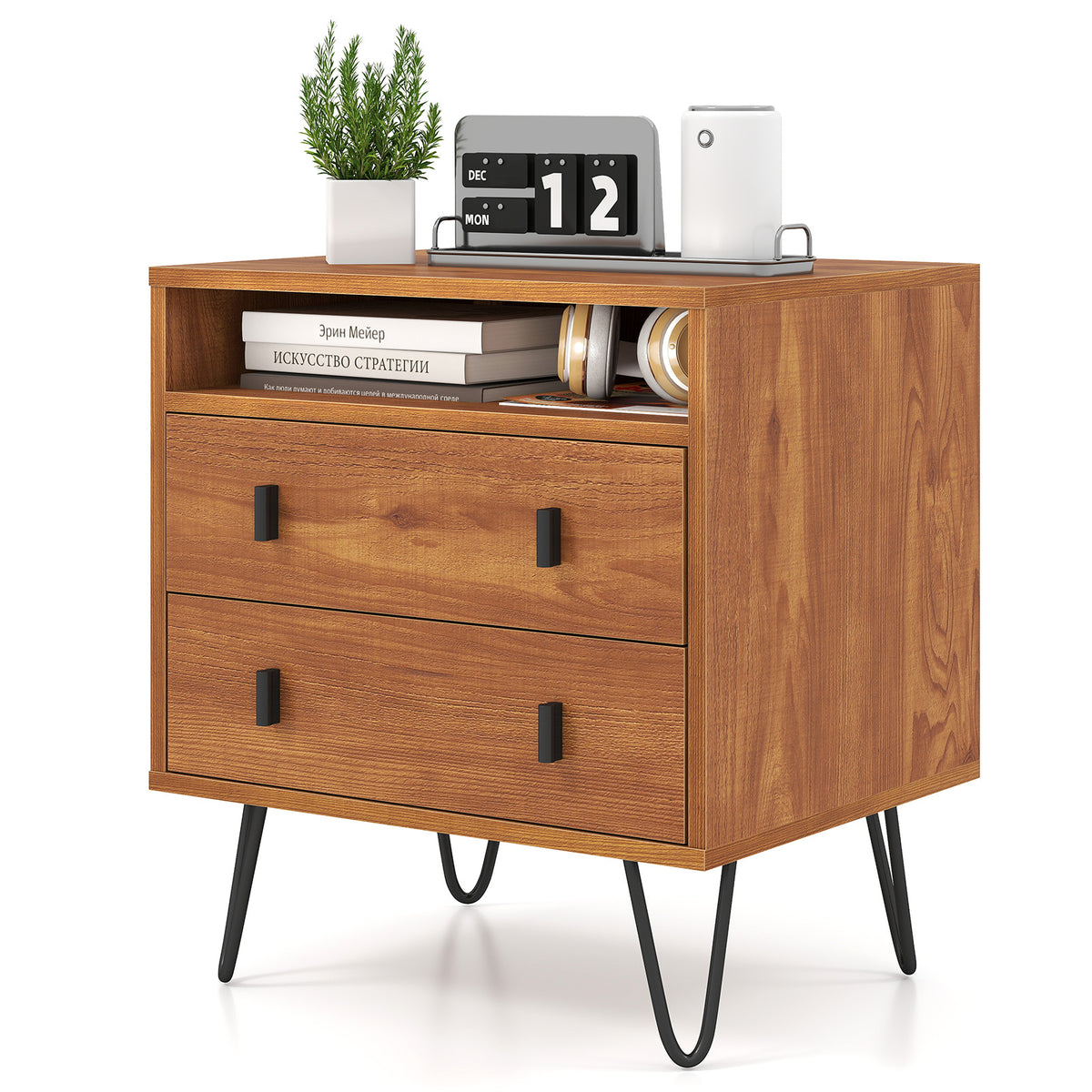 Mid Century Modern 2-Drawer Nightstand with Storage Compartment-Walnut-Nightstands-DECOROLALA