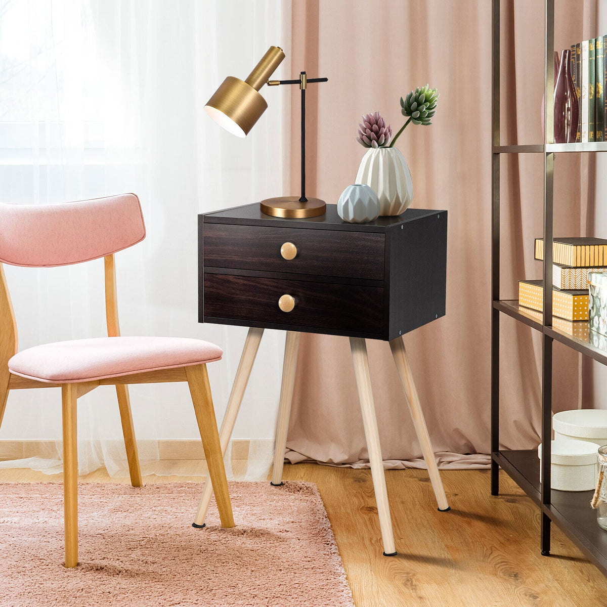 Mid Century Modern 2 Drawers Nightstand in Natural-Brown-Nightstands-DECOROLALA
