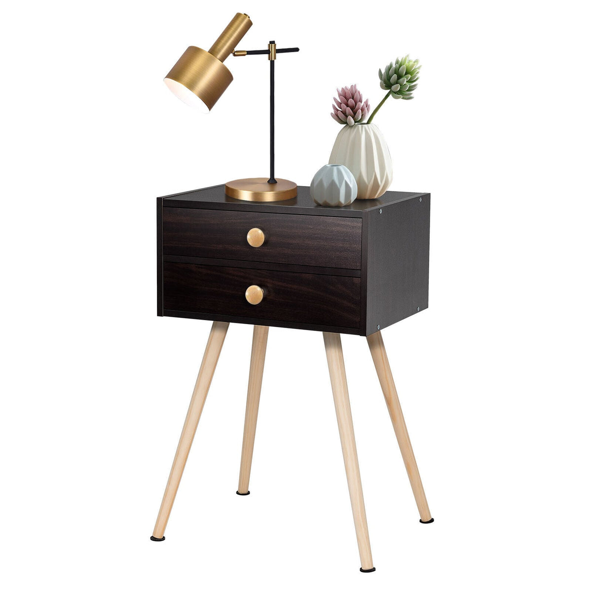 Mid Century Modern 2 Drawers Nightstand in Natural-Brown-Nightstands-DECOROLALA