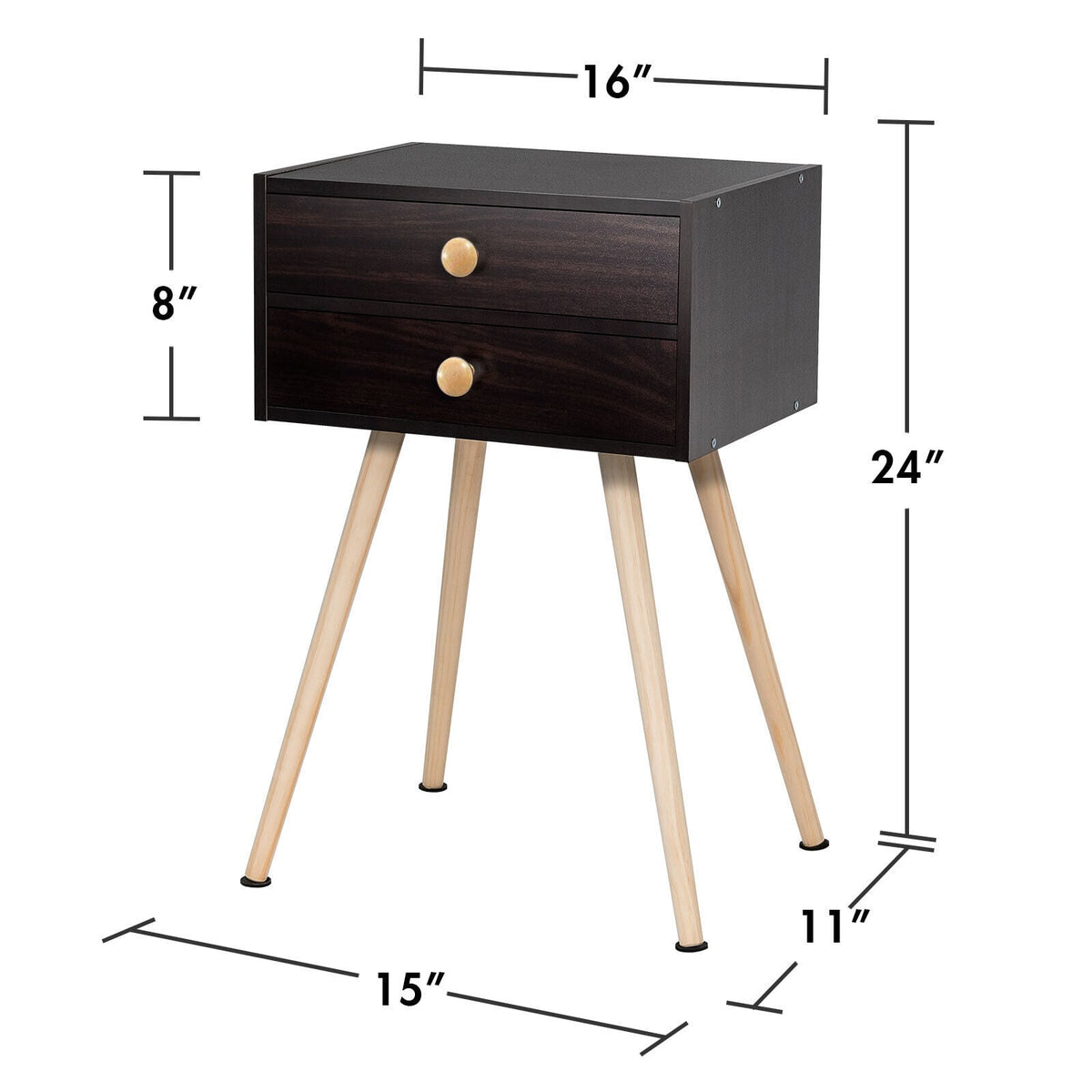 Mid Century Modern 2 Drawers Nightstand in Natural-Brown-Nightstands-DECOROLALA