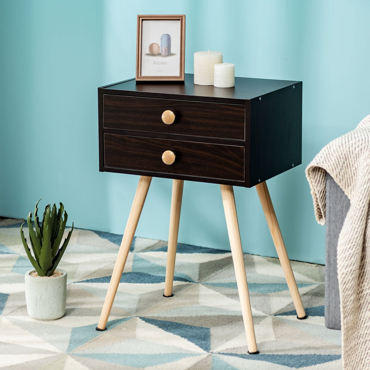 Mid Century Modern 2 Drawers Nightstand in Natural-Brown-Nightstands-DECOROLALA